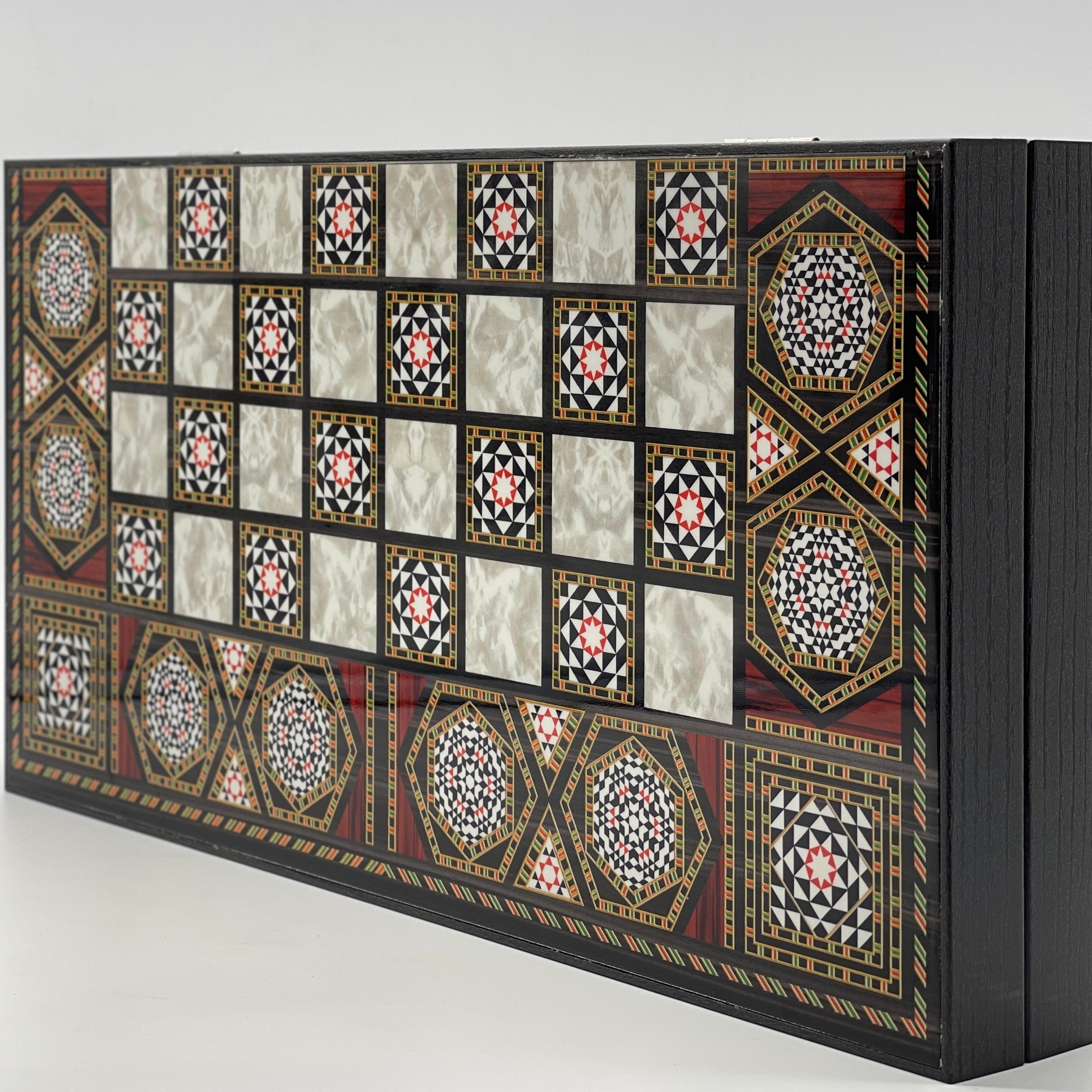 Handmade Mosaic Pattern Backgammon Set With Crusaders Chess Pieces