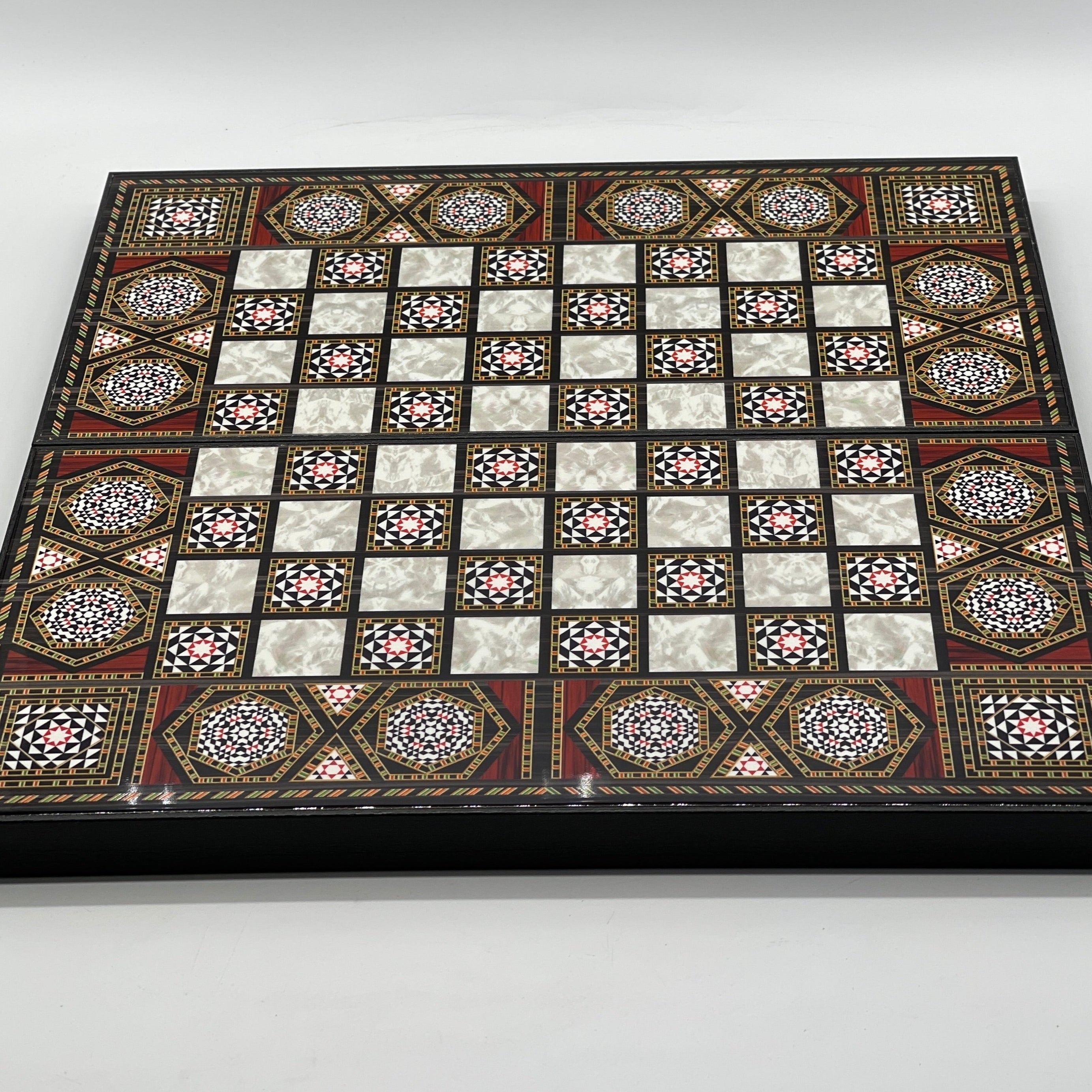 Handmade Mosaic Pattern Backgammon Set With Wooden Chess Pieces