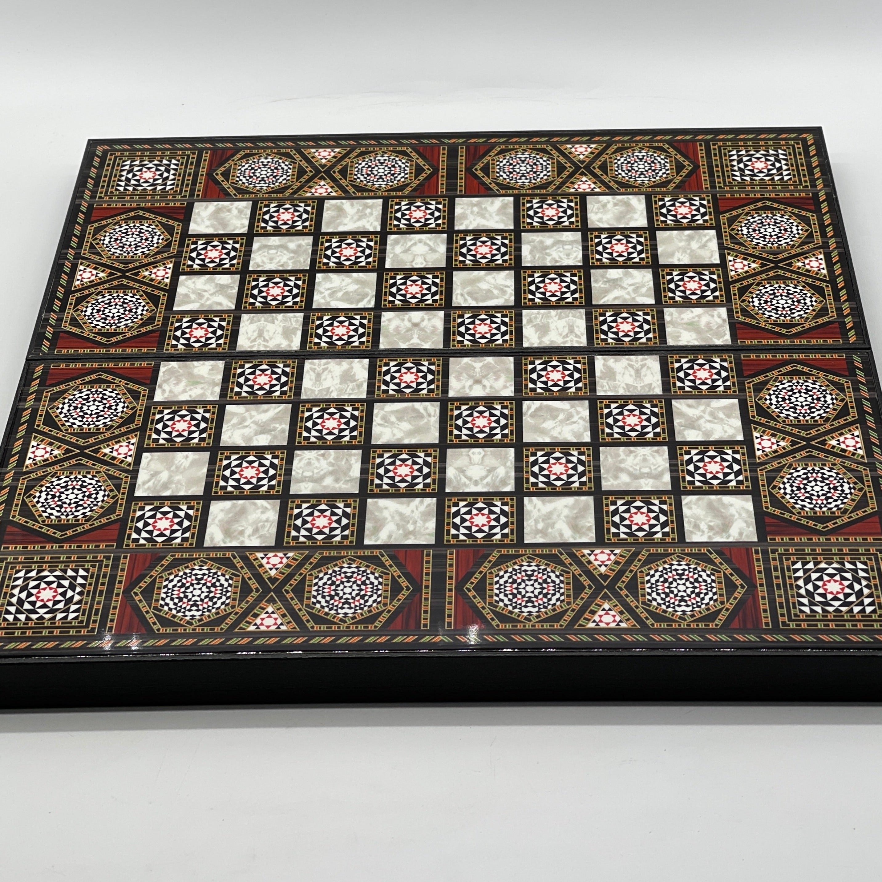 Handmade Mosaic Pattern Backgammon Set With Wooden Chess Pieces