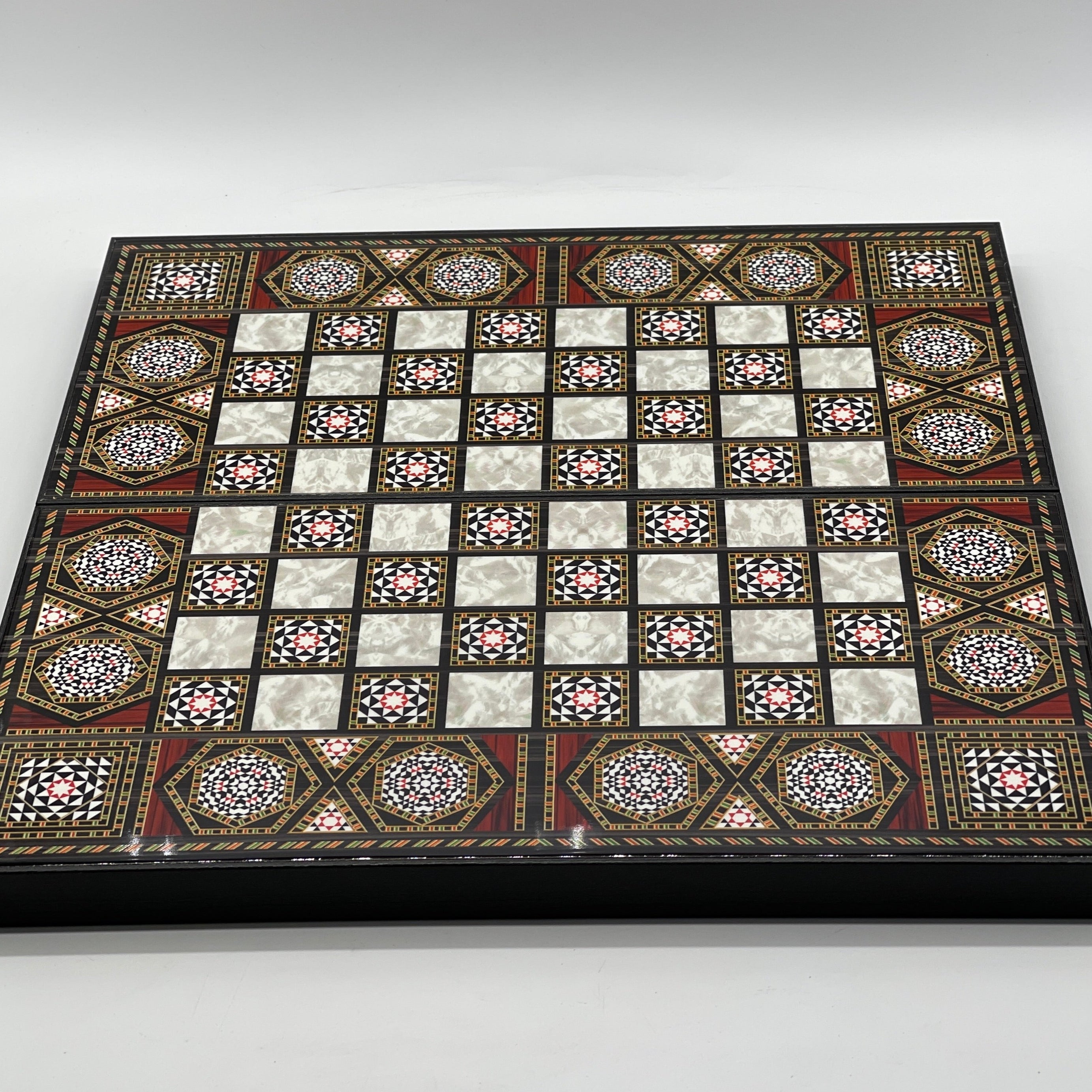 Handmade Mosaic Pattern Backgammon Set With Camelot Chess Pieces