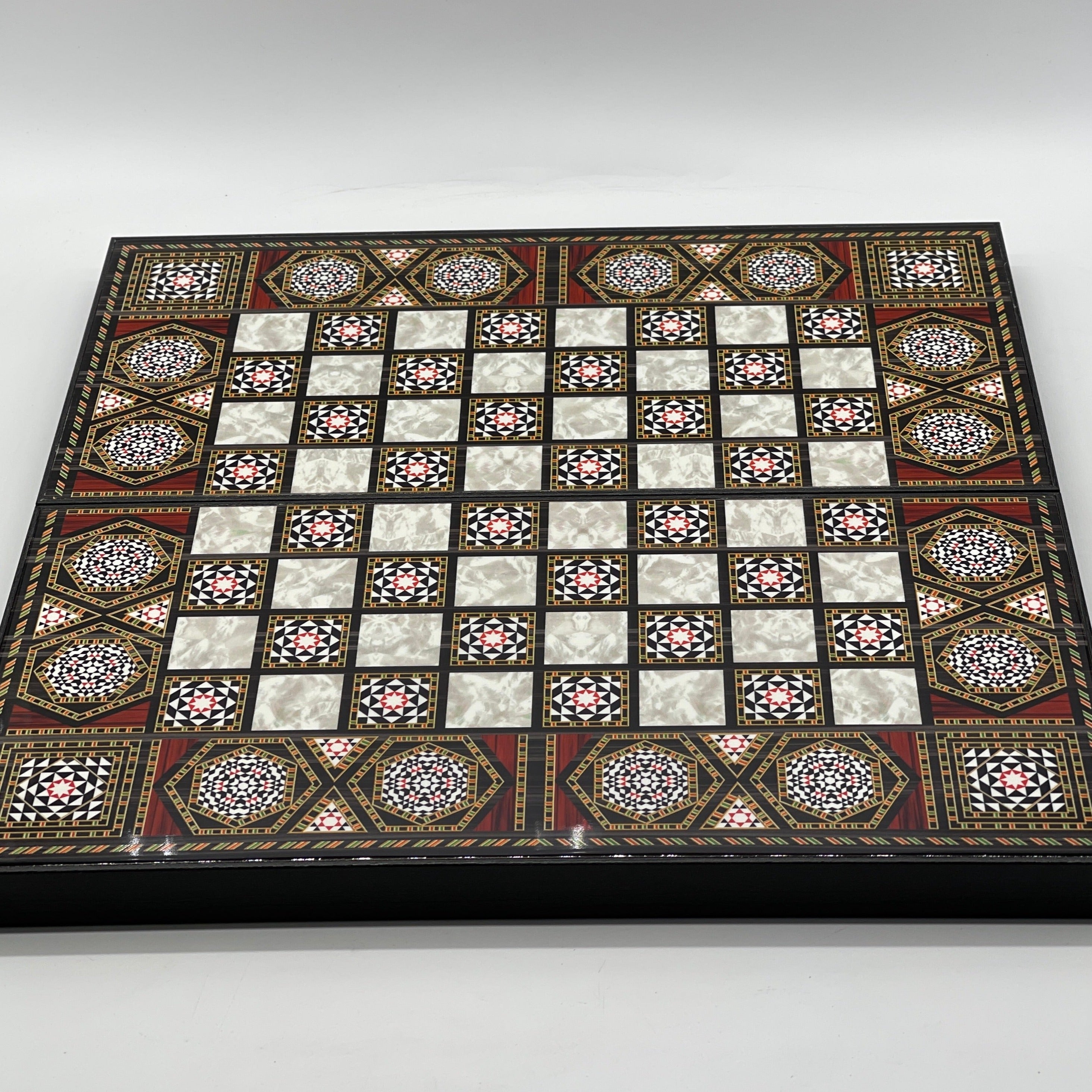Handmade Mosaic Pattern Backgammon Set With Camelot Chess Pieces