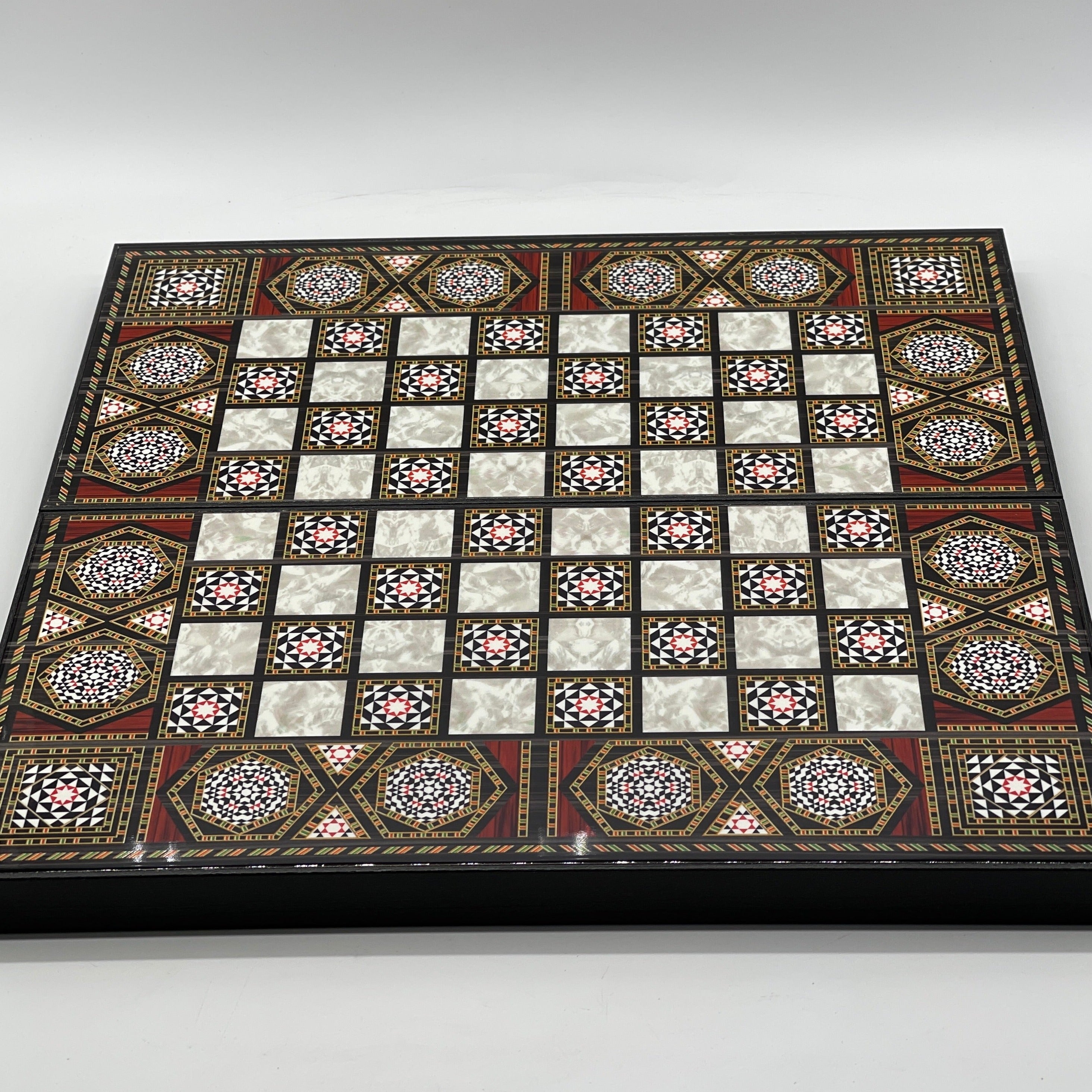 Handmade Mosaic Pattern Backgammon Set With Crusaders Chess Pieces