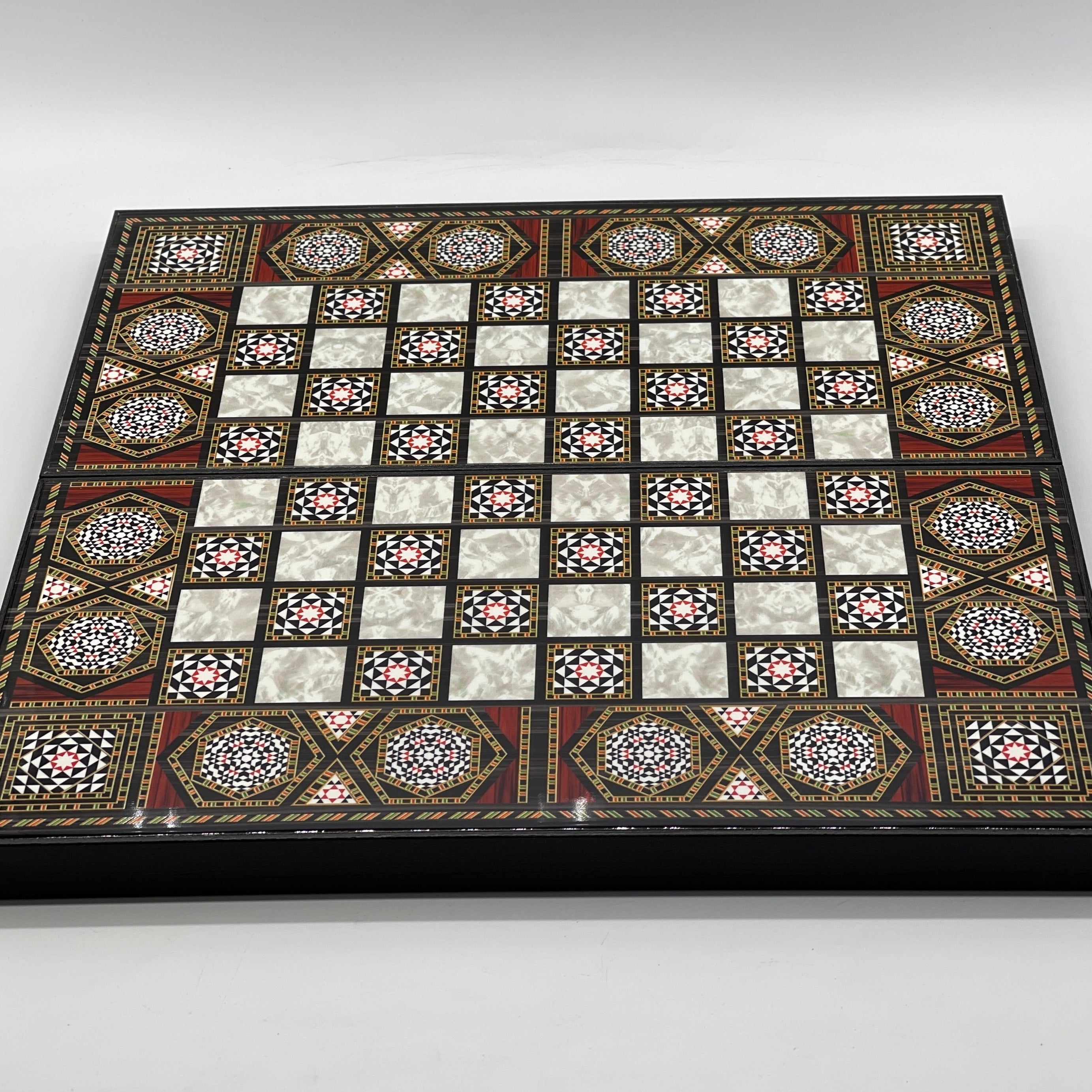 Handmade Mosaic Pattern Backgammon Set With Crusaders Chess Pieces