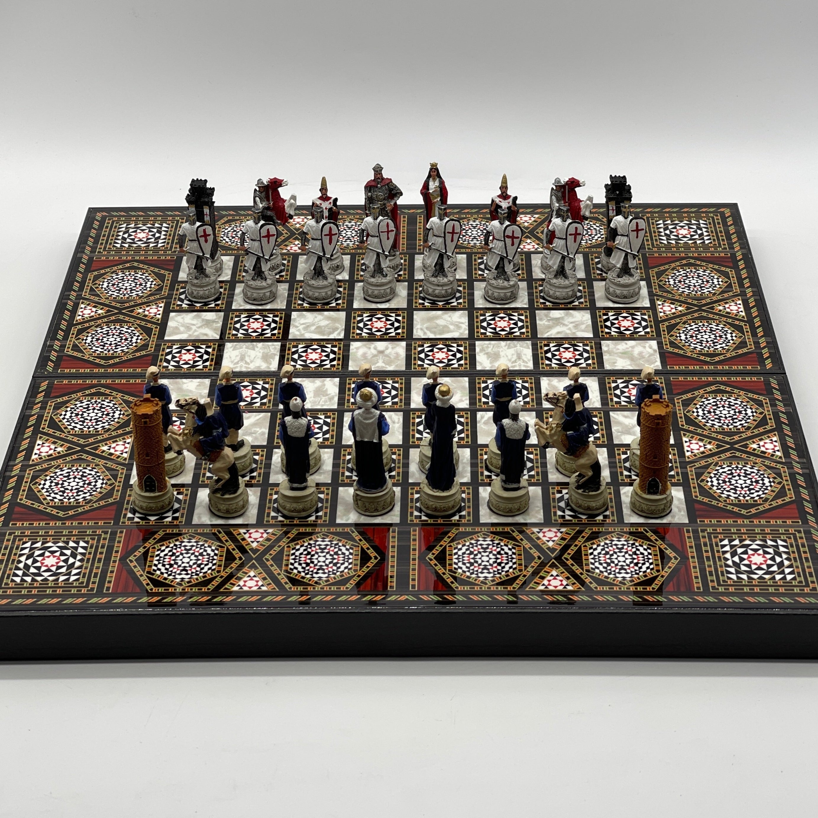 Handmade Mosaic Pattern Backgammon Set With Crusaders Chess Pieces