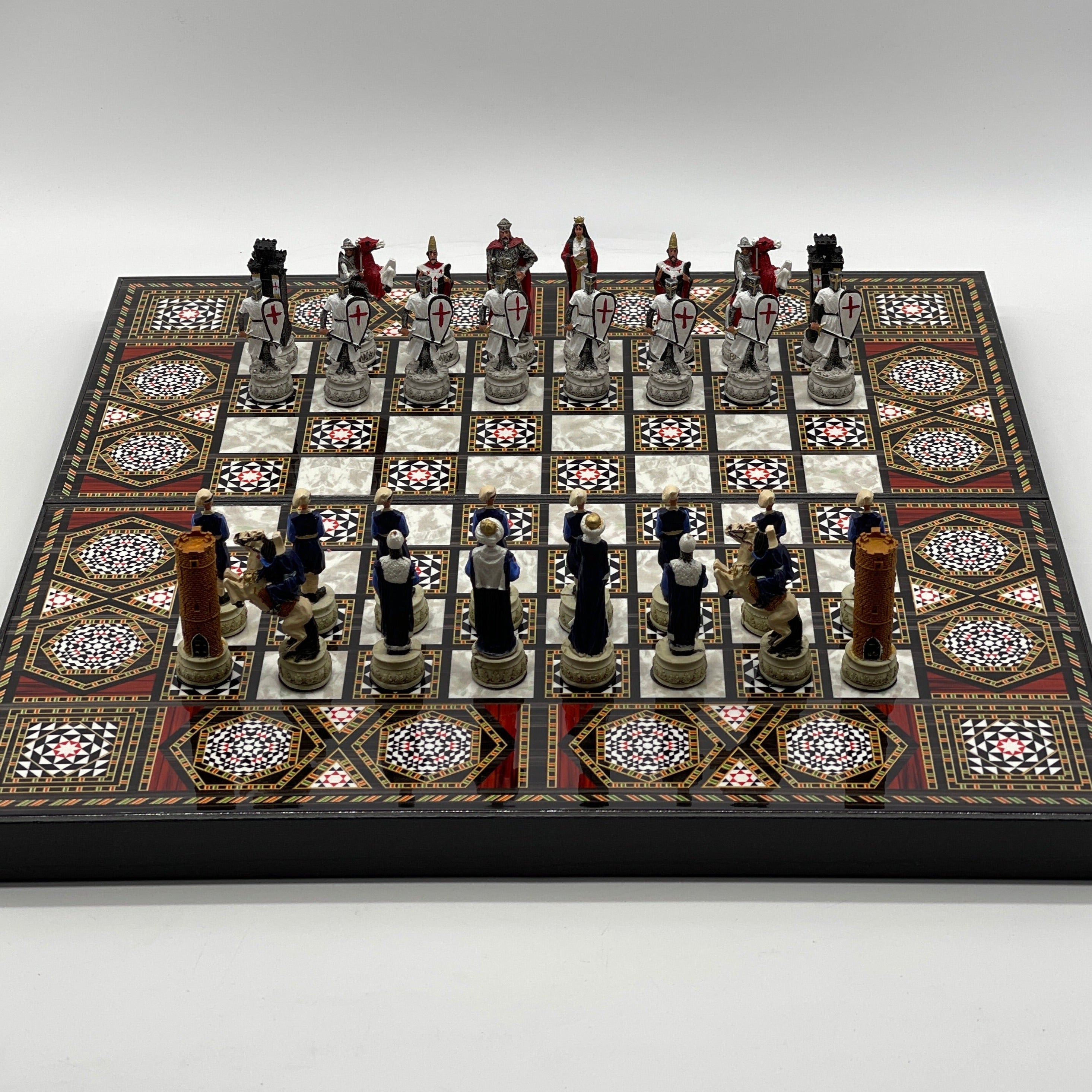 Handmade Mosaic Pattern Backgammon Set With Crusaders Chess Pieces