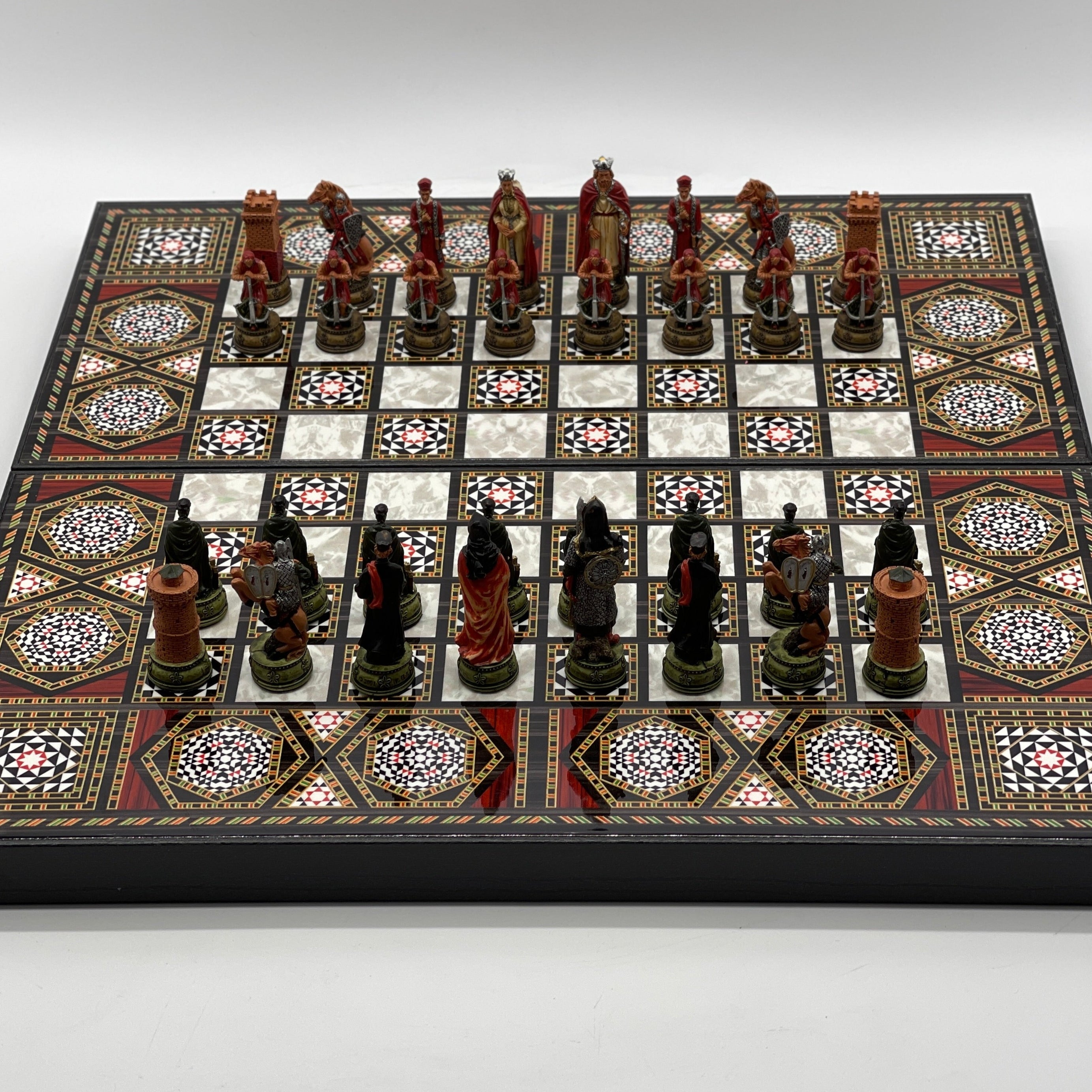 Handmade Mosaic Pattern Backgammon Set With Camelot Chess Pieces
