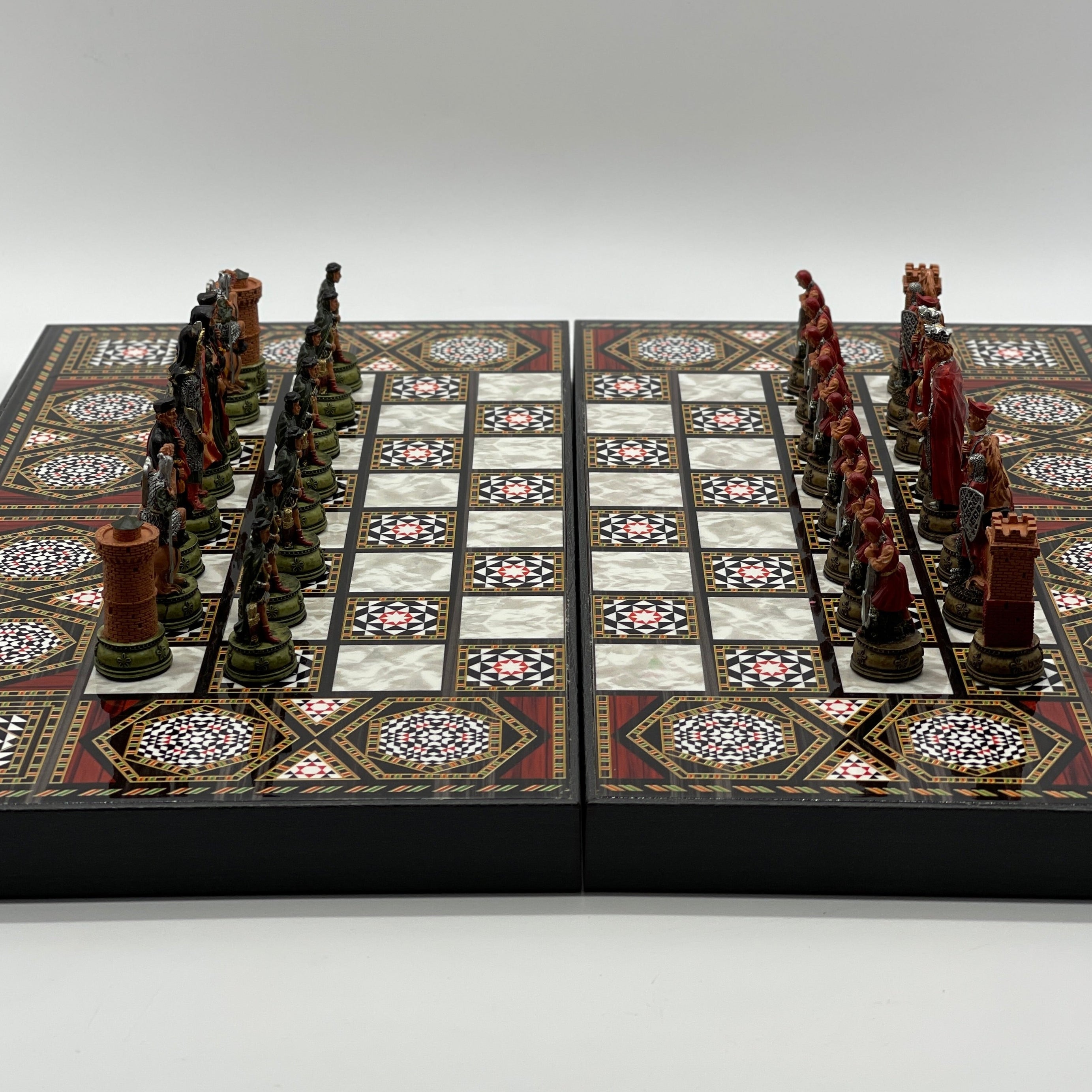 Handmade Mosaic Pattern Backgammon Set With Camelot Chess Pieces