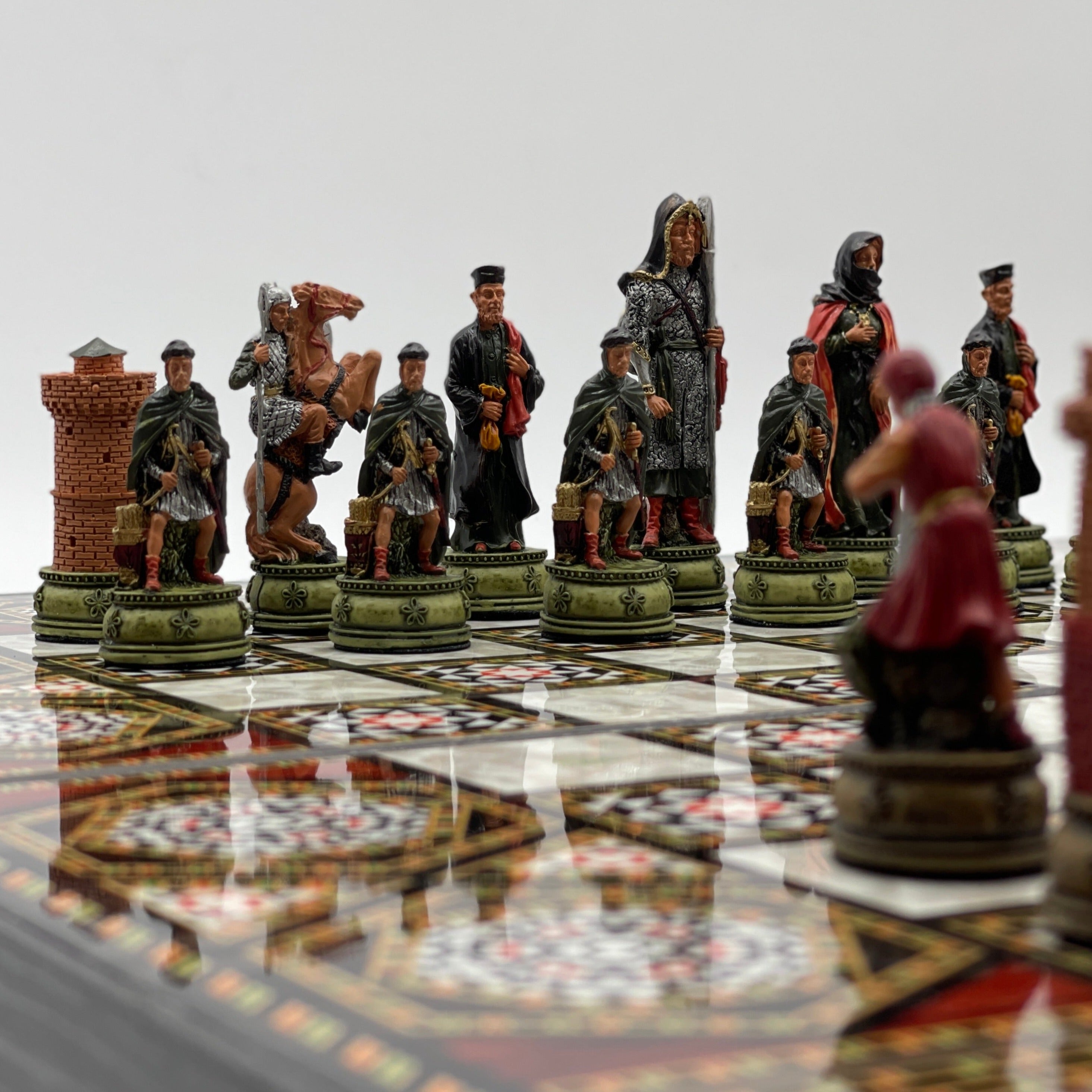 Handmade Mosaic Pattern Backgammon Set With Camelot Chess Pieces