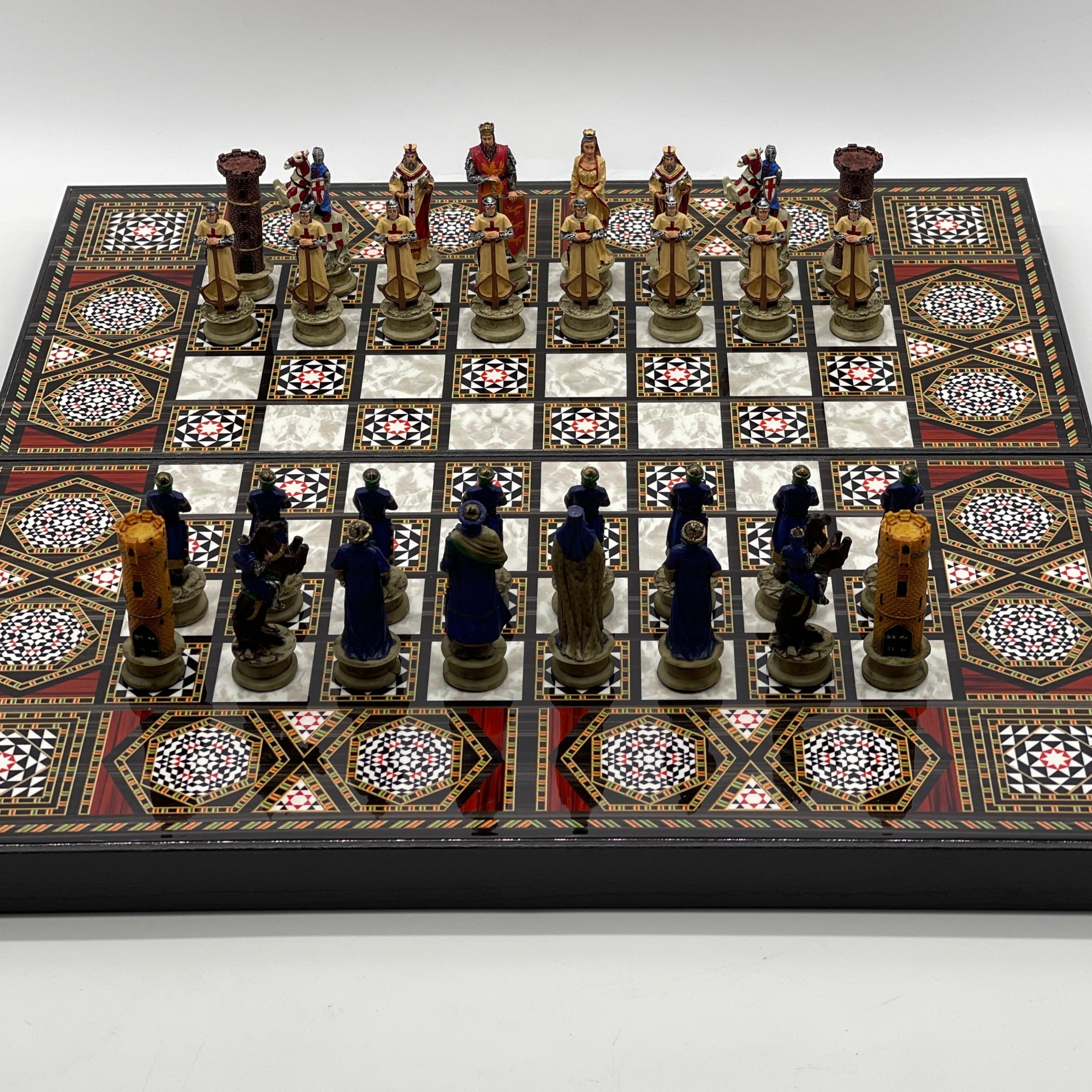 Handmade Mosaic Pattern Backgammon Set With Crusaders Chess Pieces