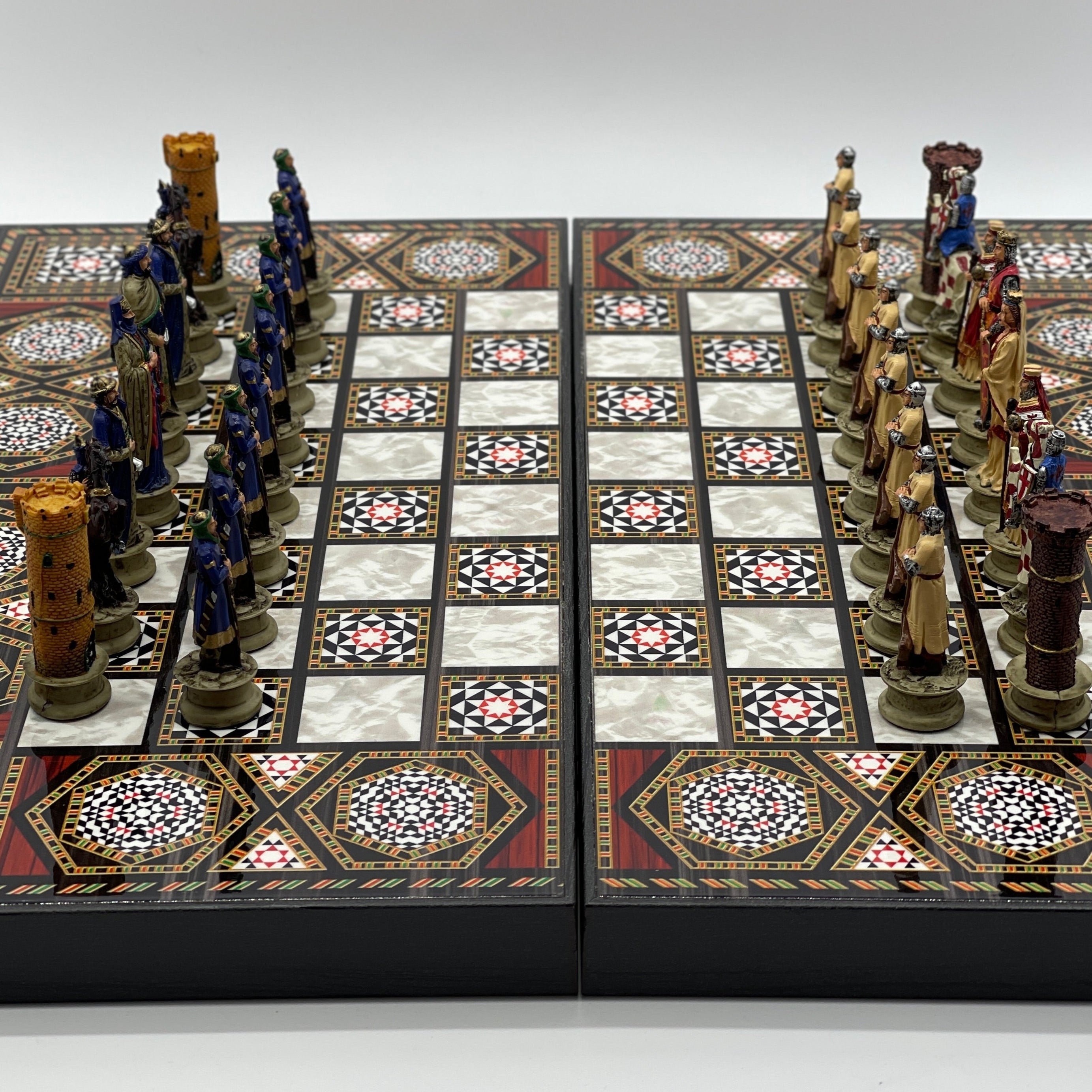 Handmade Mosaic Pattern Backgammon Set With Crusaders Chess Pieces