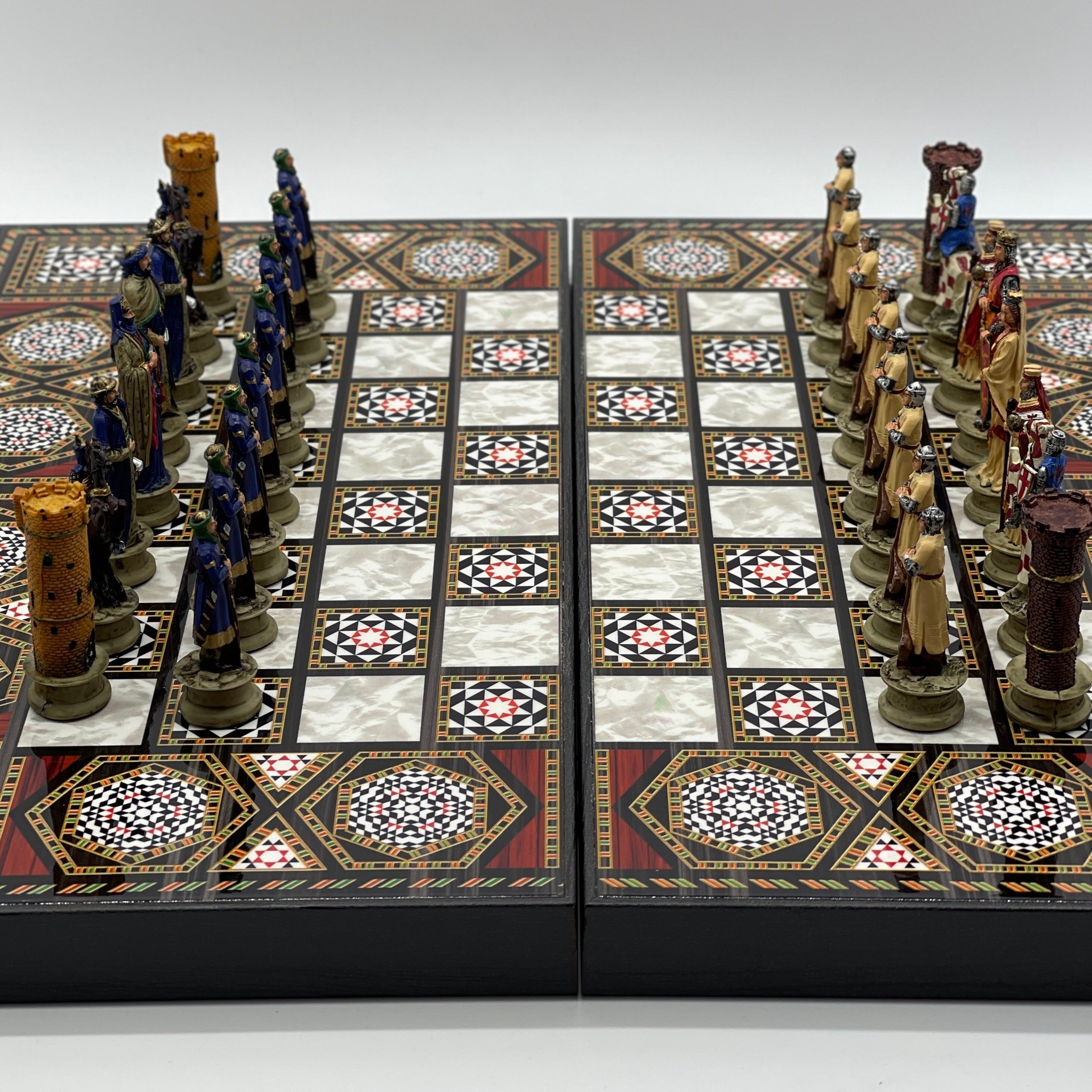 Handmade Mosaic Pattern Backgammon Set With Crusaders Chess Pieces