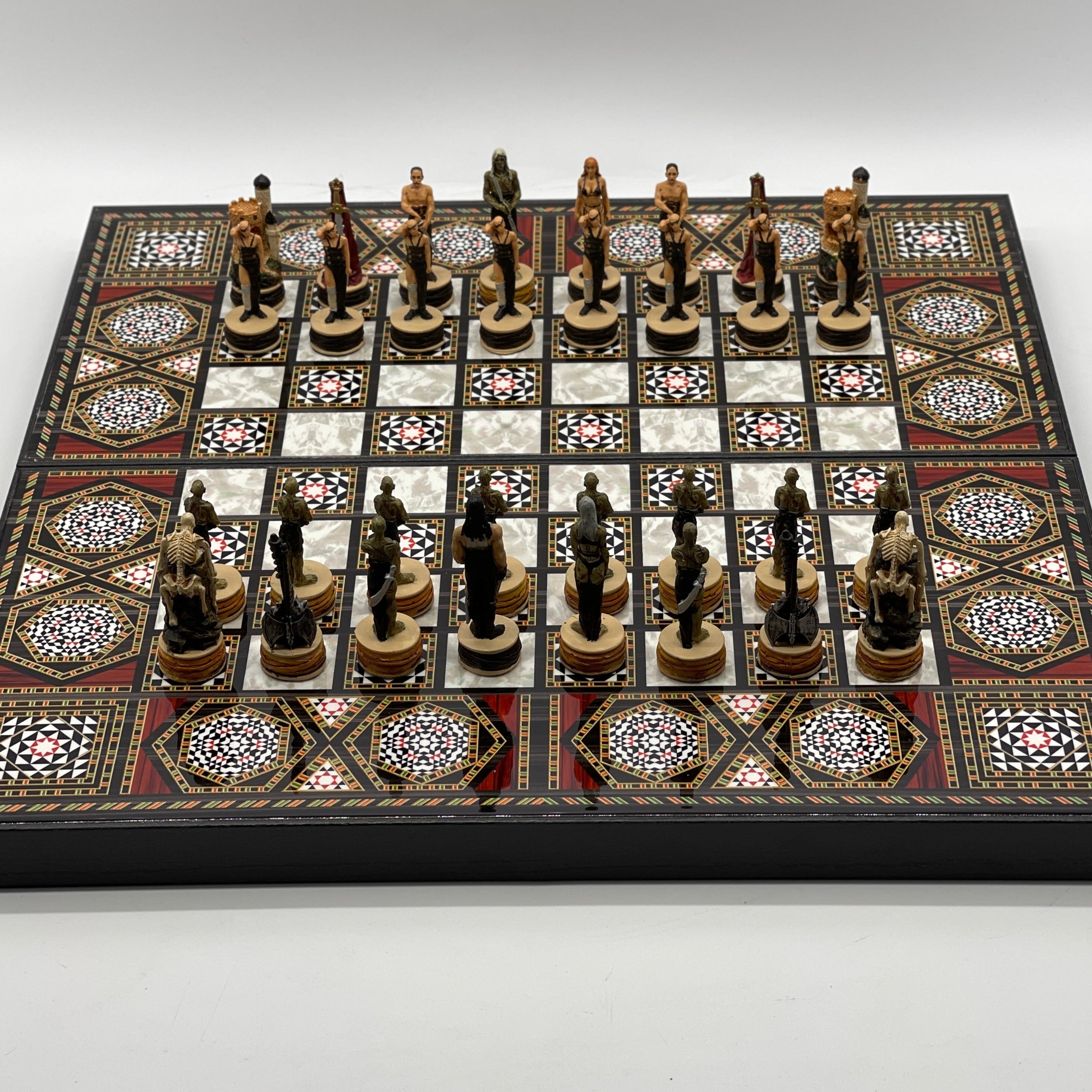Handmade Mosaic Pattern Backgammon Set With Zombies Chess Pieces