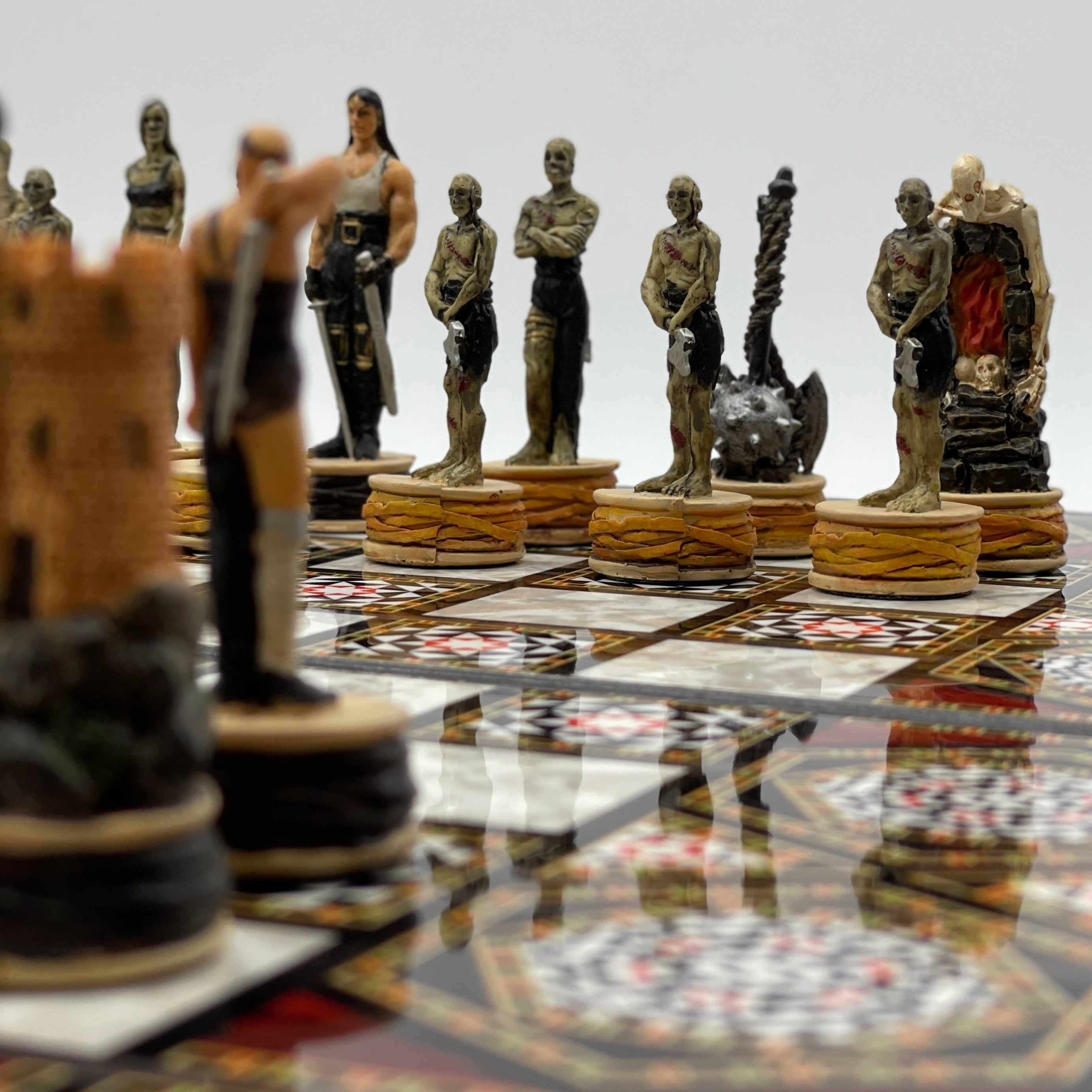 Handmade Mosaic Pattern Backgammon Set With Zombies Chess Pieces