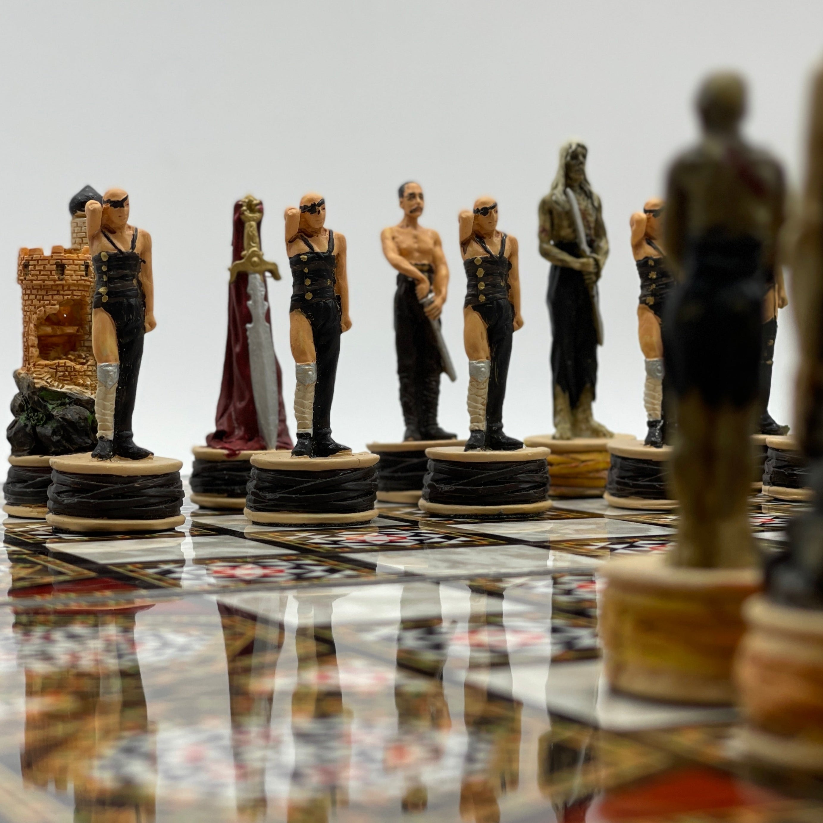 Handmade Mosaic Pattern Backgammon Set With Zombies Chess Pieces