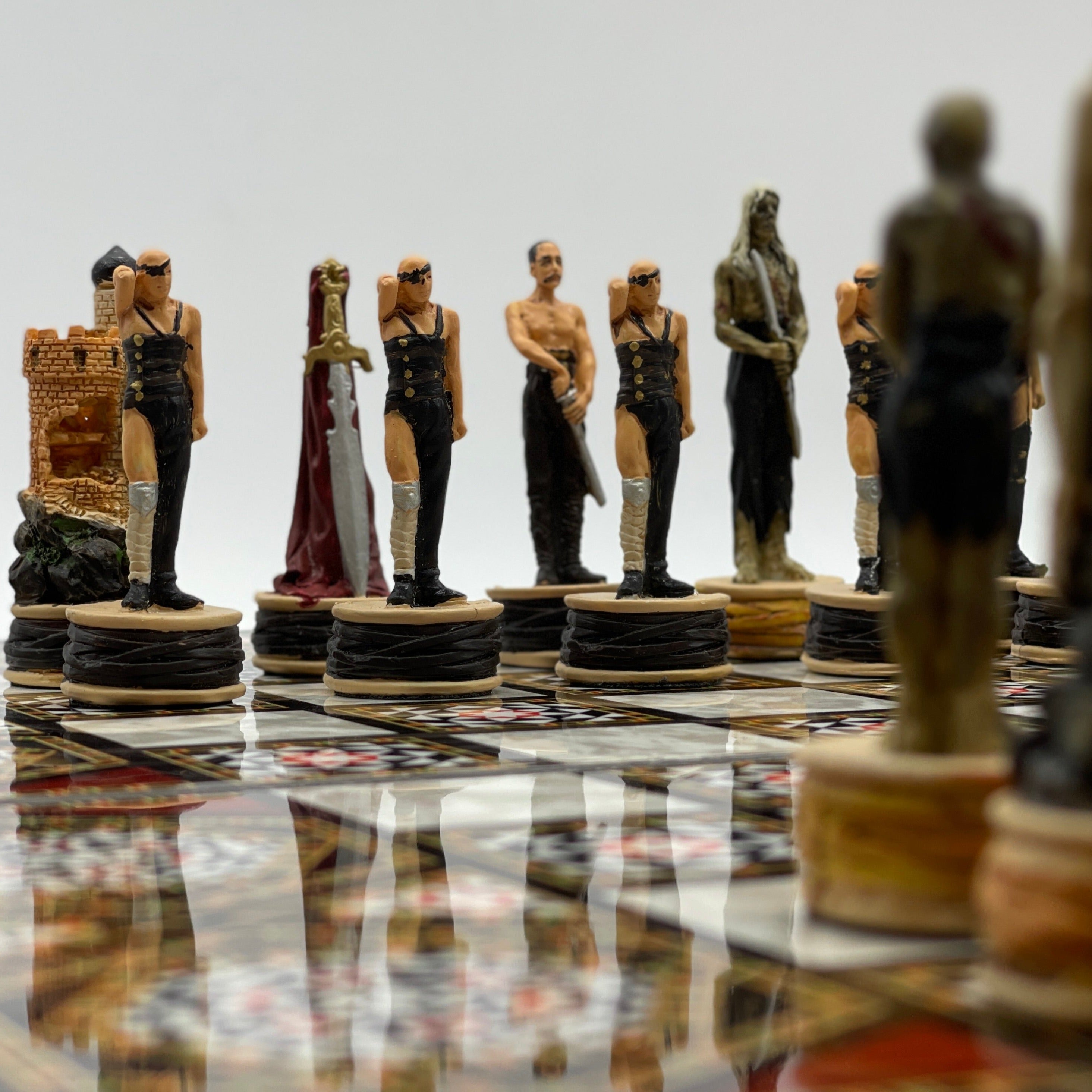 Handmade Mosaic Pattern Backgammon Set With Zombies Chess Pieces