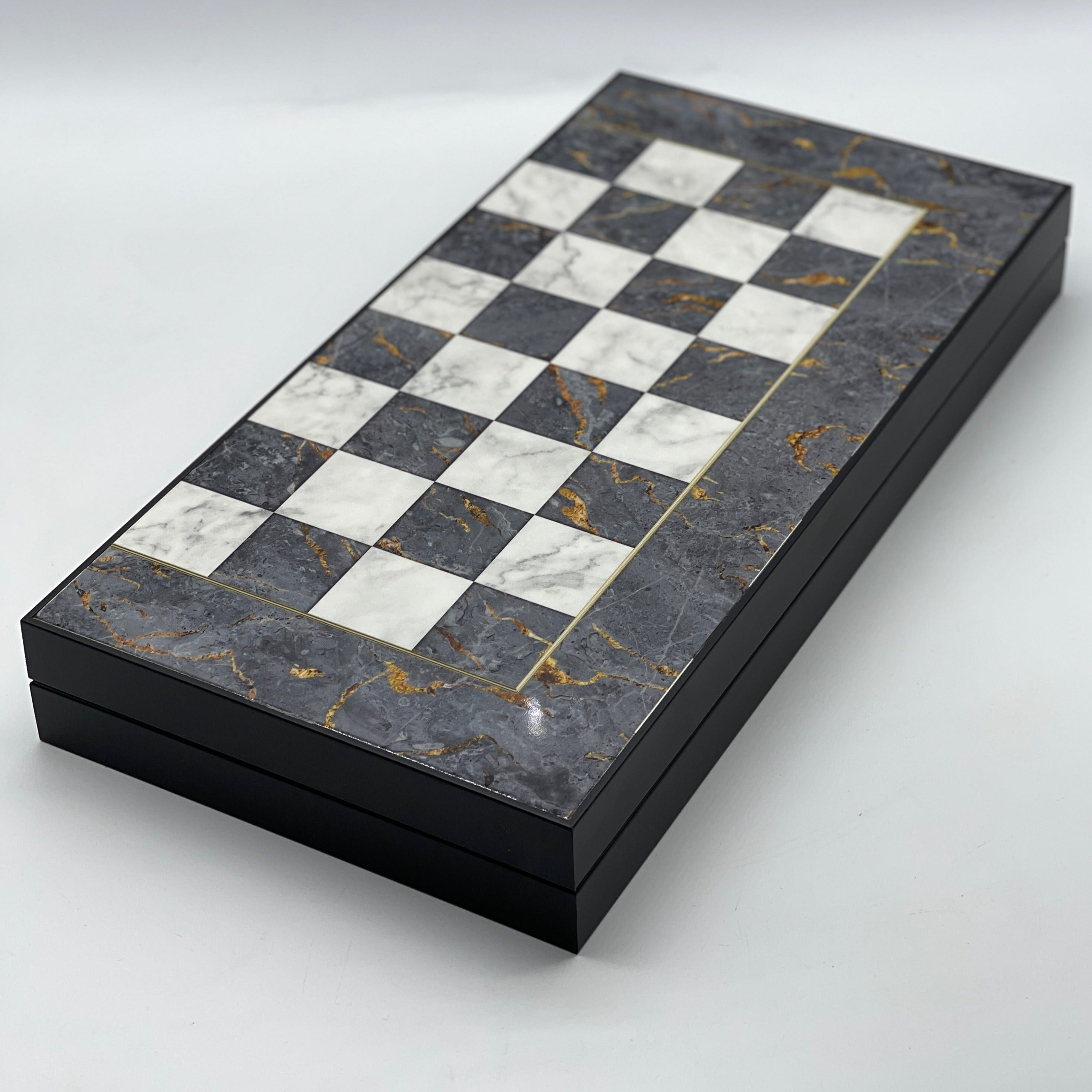 Handmade Gray Pattern Backgammon Set With Polyester Camelot Chess Pieces