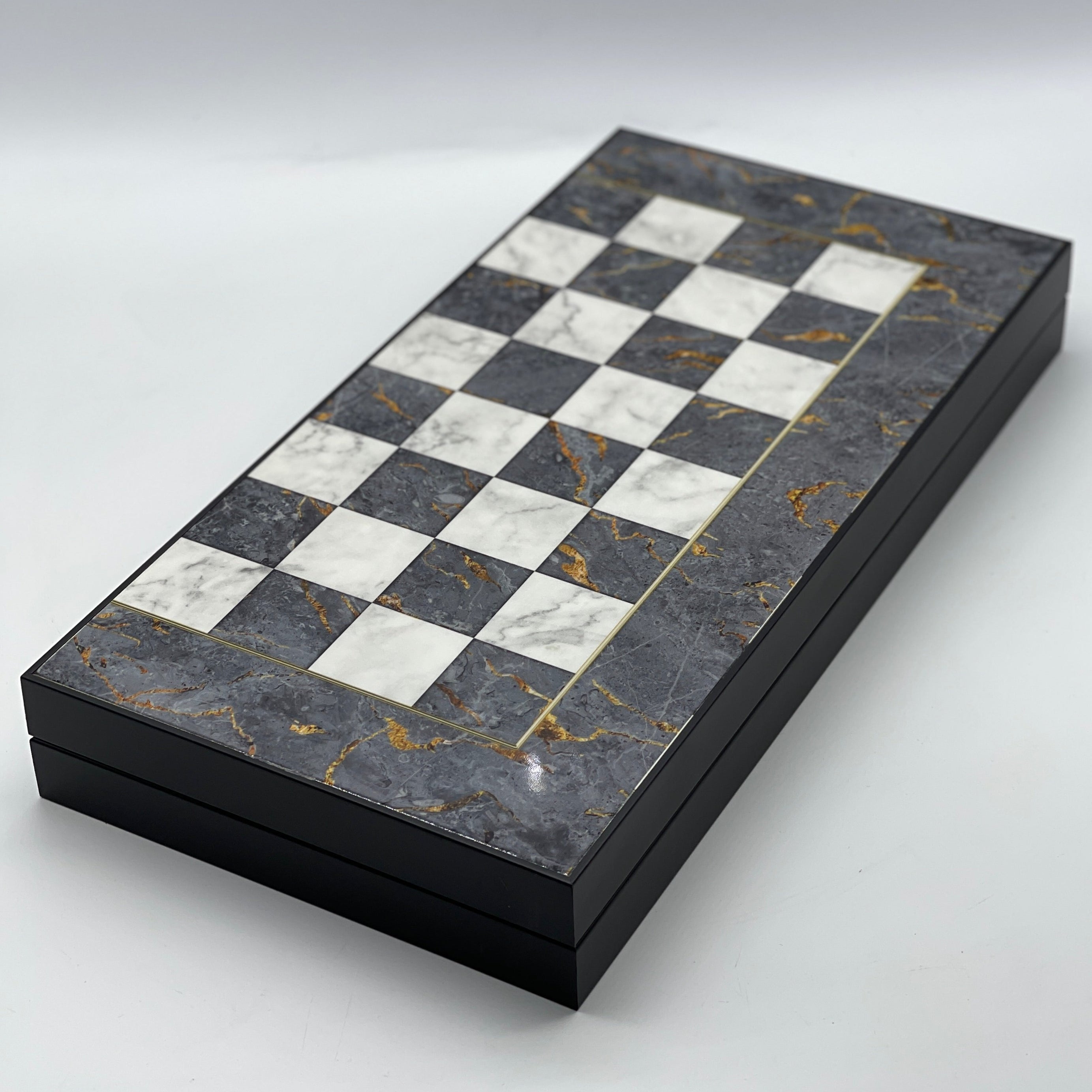 Handmade Gray Pattern Backgammon Set With Wooden Chess Pieces