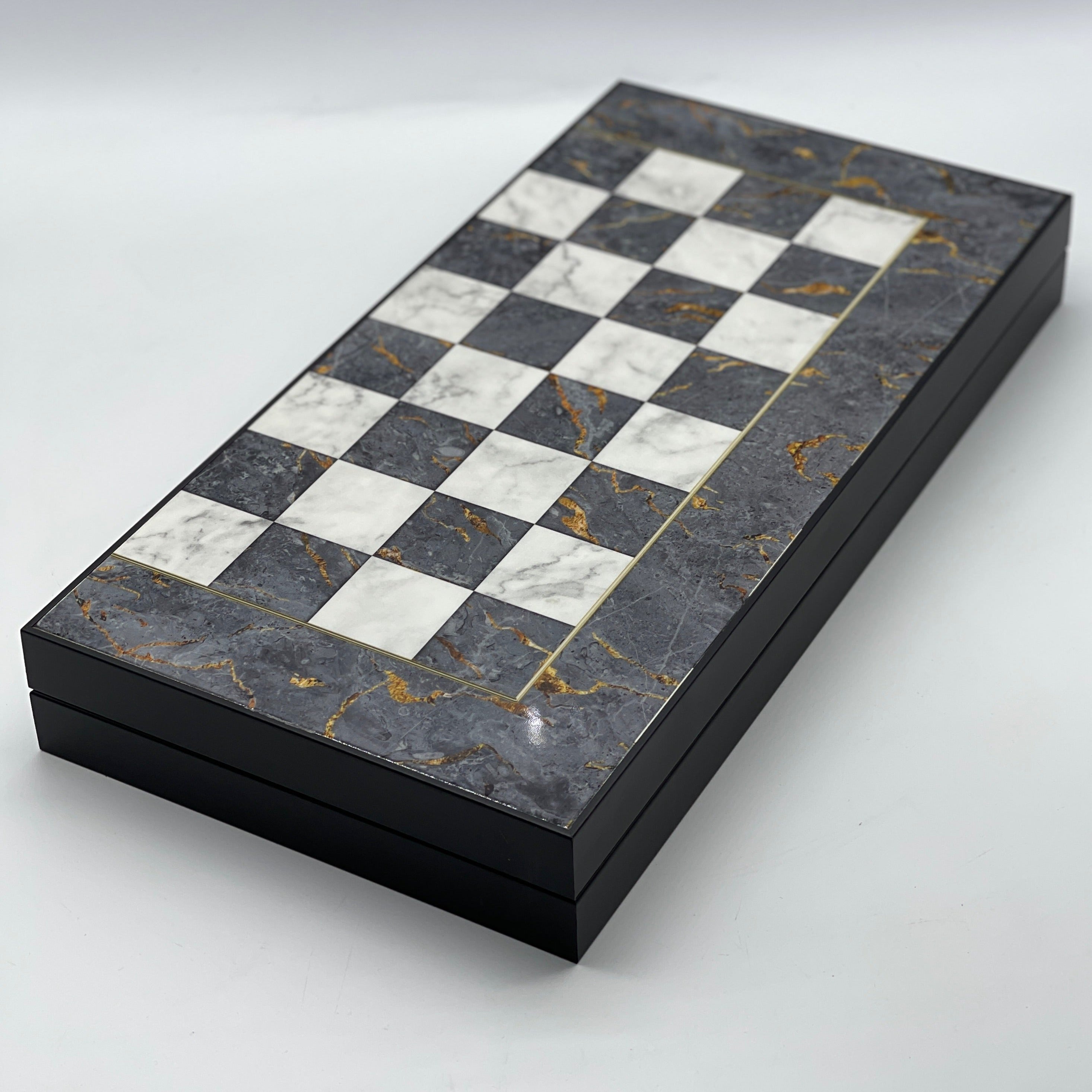 Handmade Gray Pattern Backgammon Set With Polyester Crusaders Chess Pieces