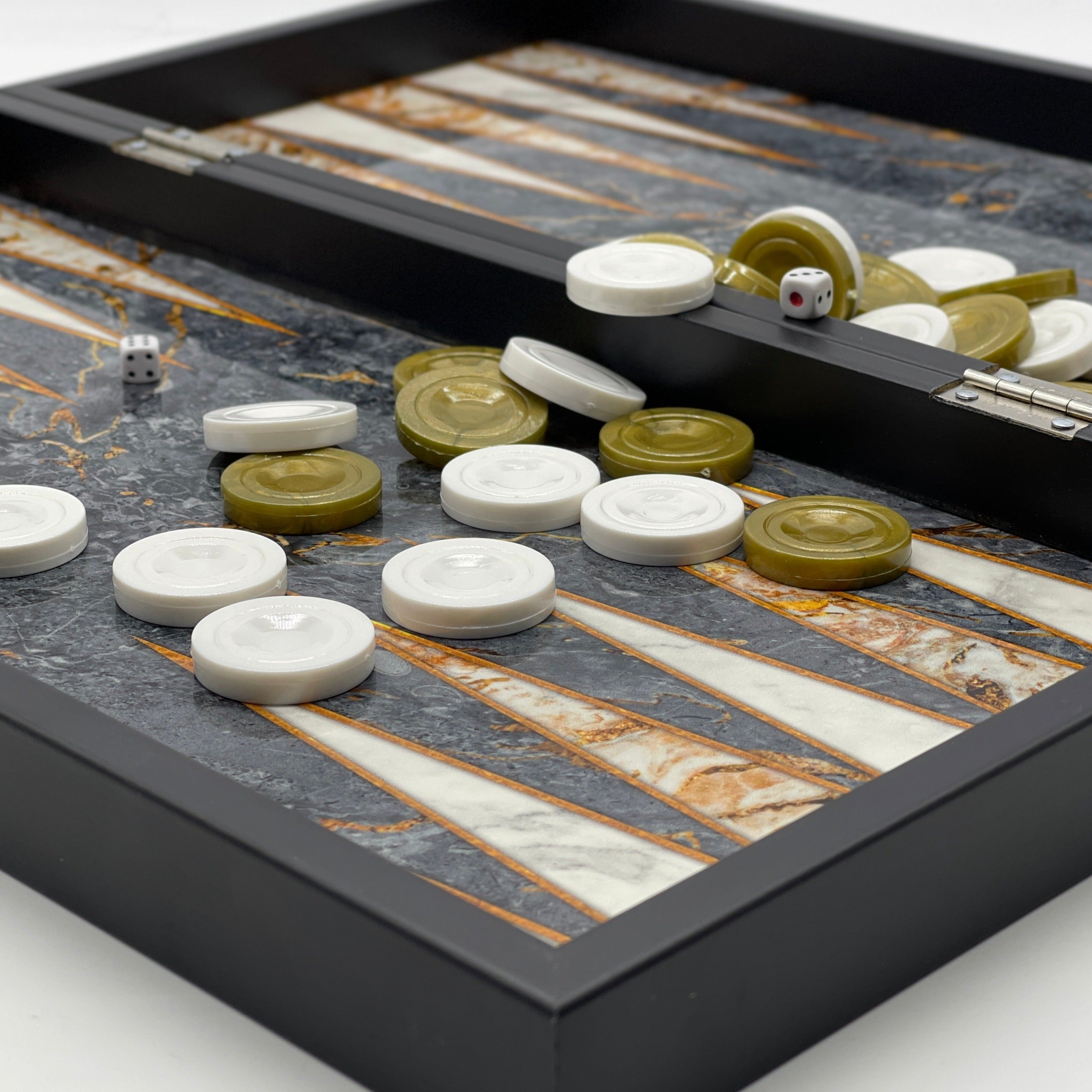 Handmade Gray Pattern Backgammon Set With Wooden Chess Pieces