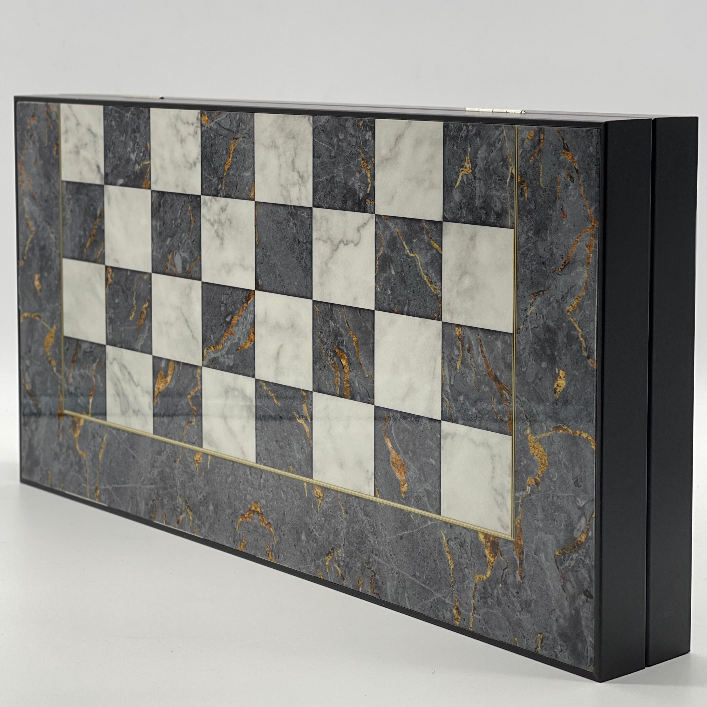 Handmade Gray Pattern Backgammon Set With Polyester Crusaders Chess Pieces