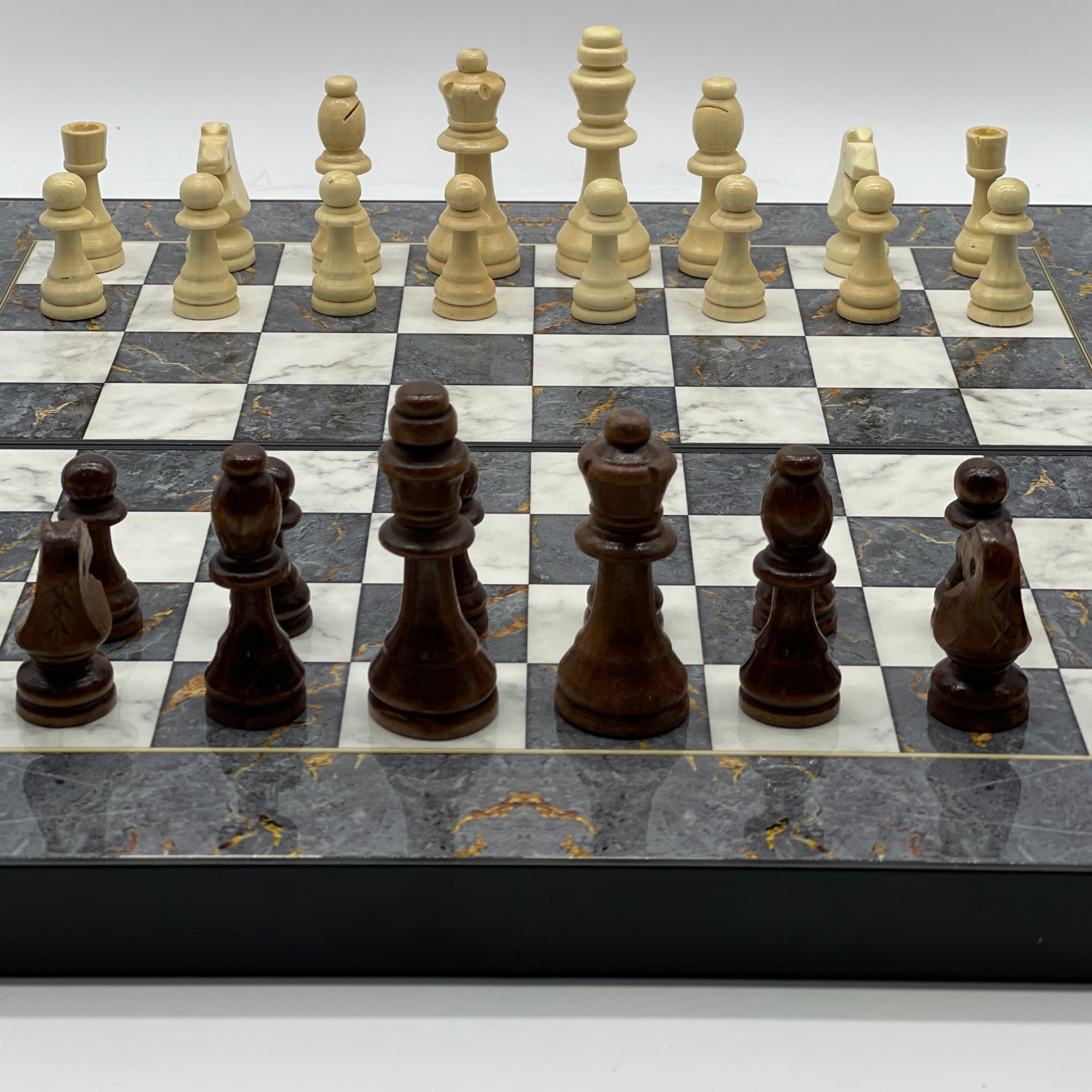 Handmade Gray Pattern Backgammon Set With Wooden Chess Pieces