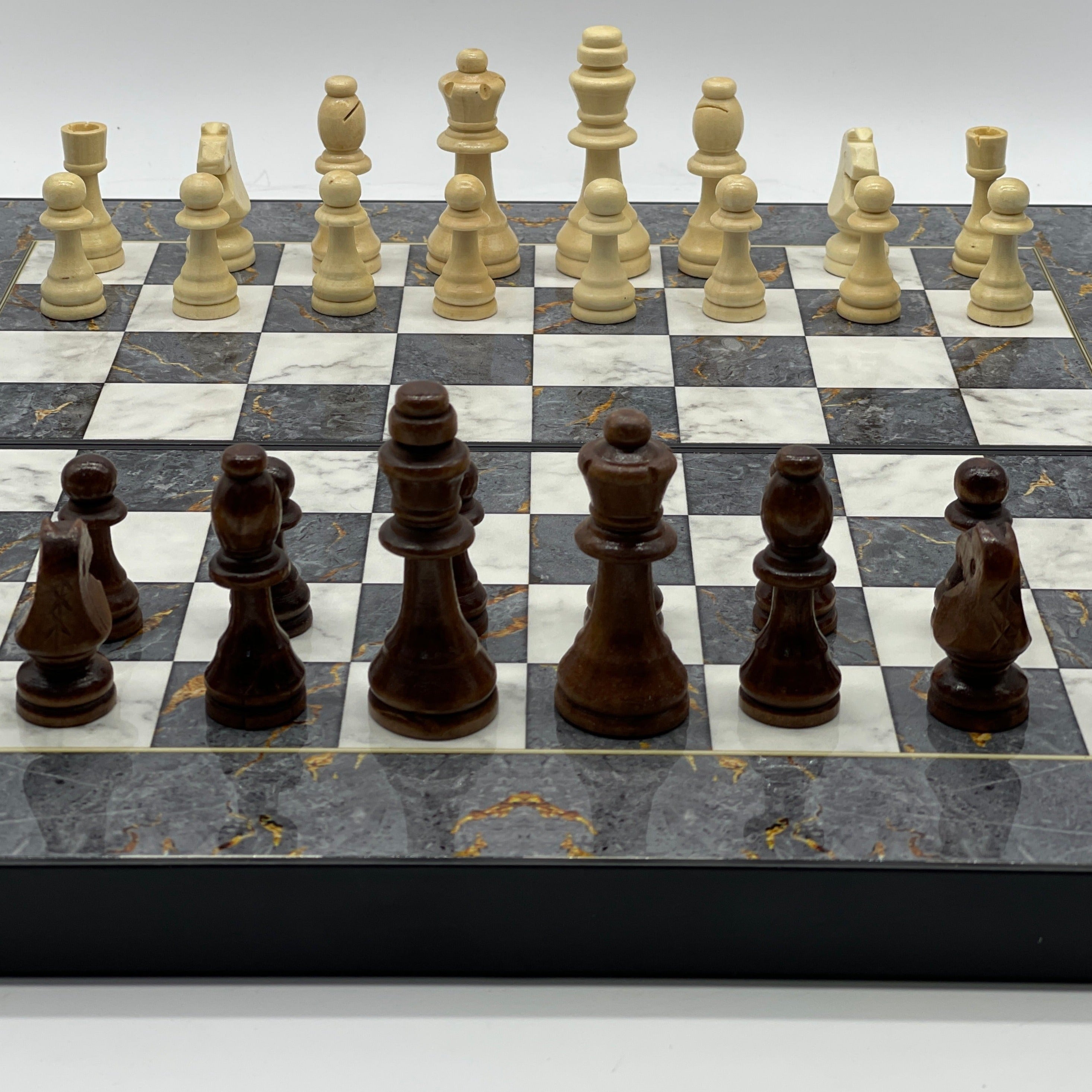 Handmade Gray Pattern Backgammon Set With Wooden Chess Pieces