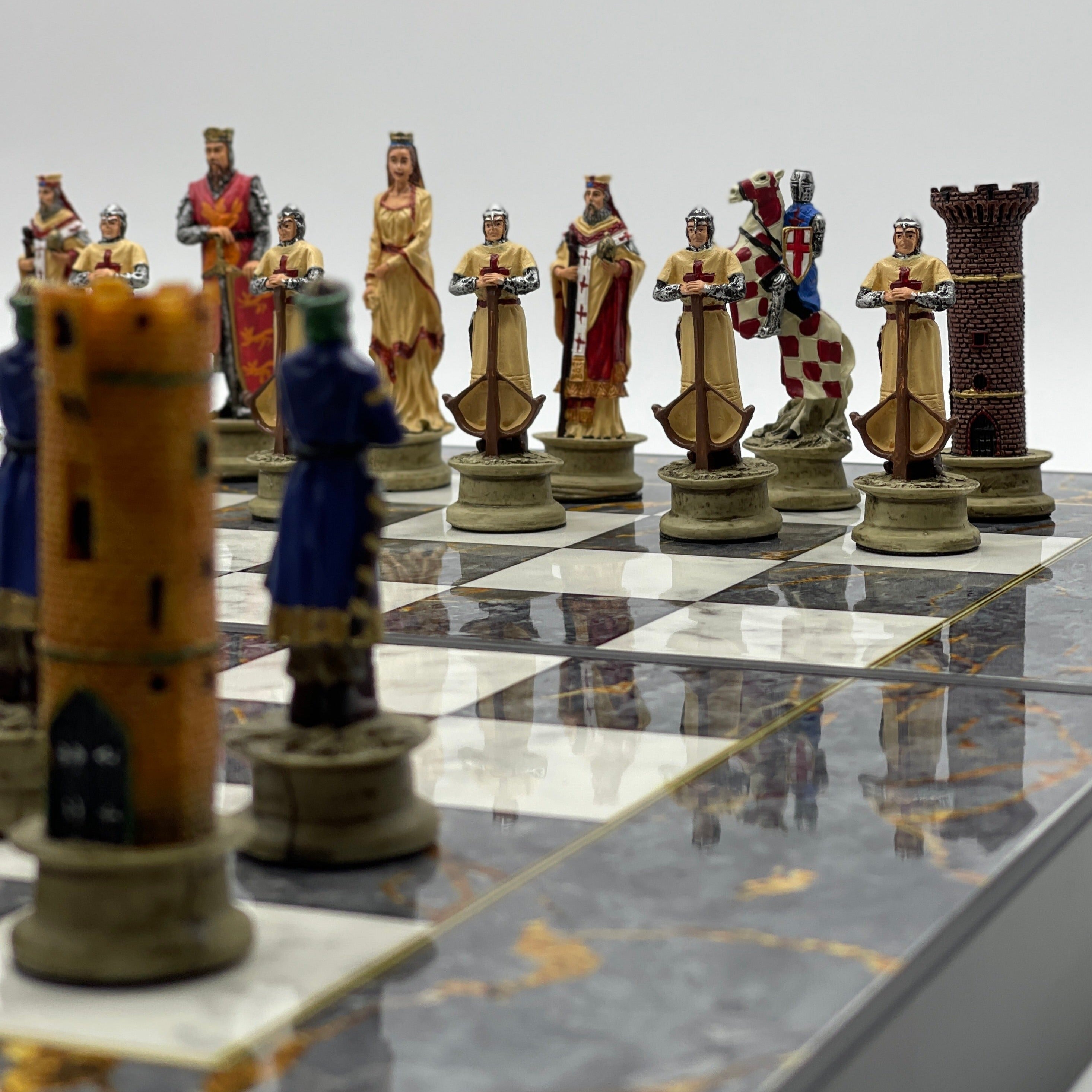 Handmade Gray Pattern Backgammon Set With Polyester Crusaders Chess Pieces