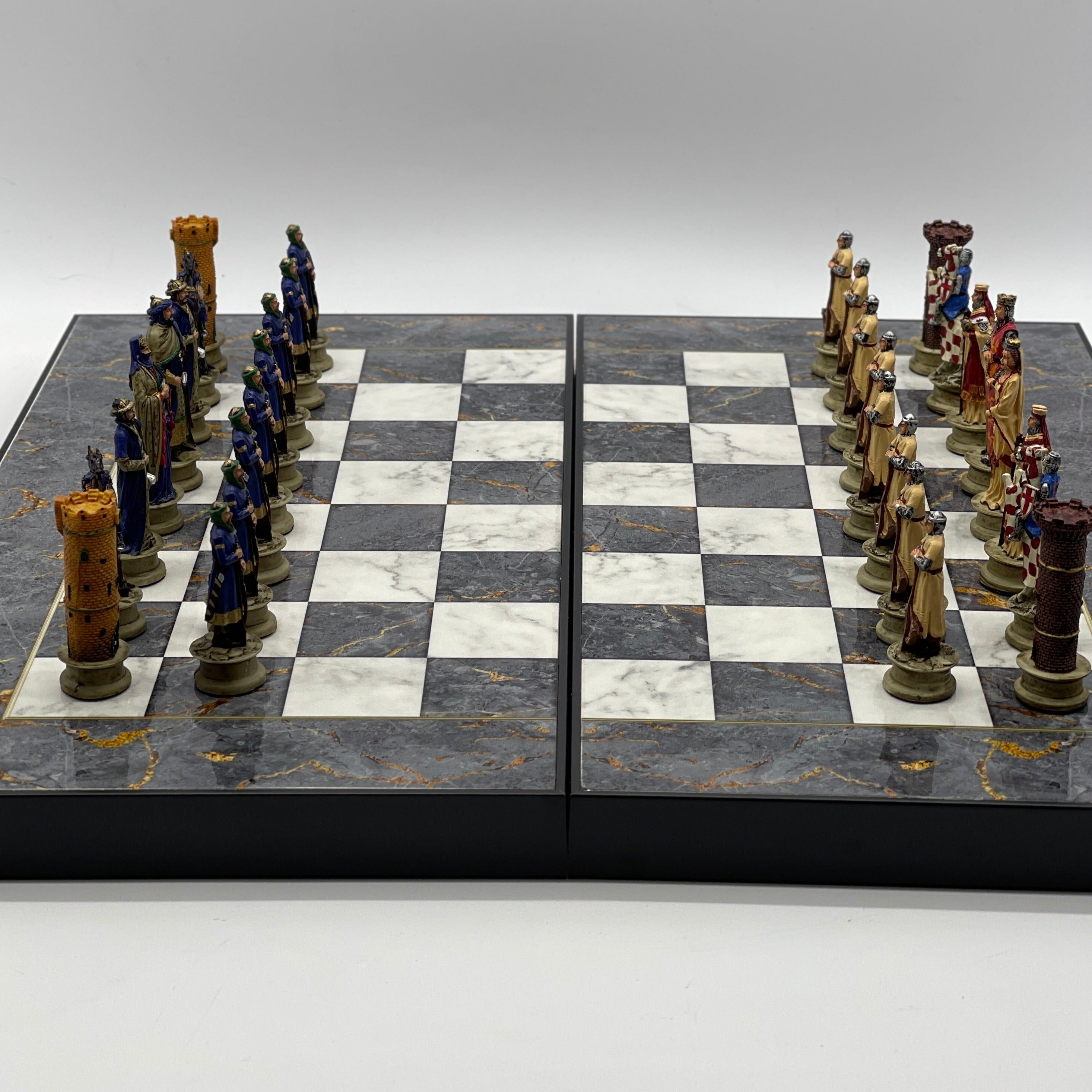 Handmade Gray Pattern Backgammon Set With Polyester Crusaders Chess Pieces