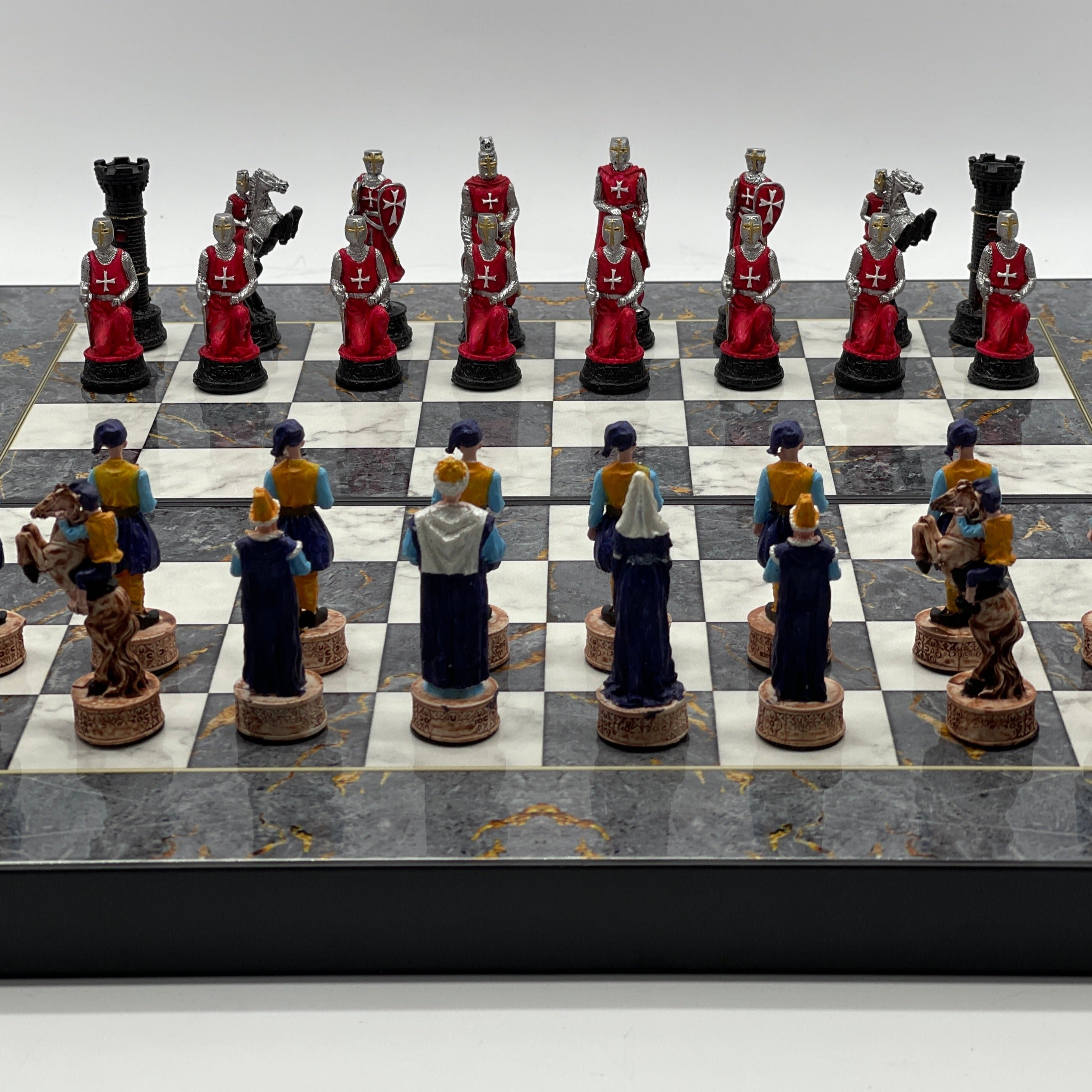 Handmade Gray Pattern Backgammon Set With Polyester Crusaders Chess Pieces