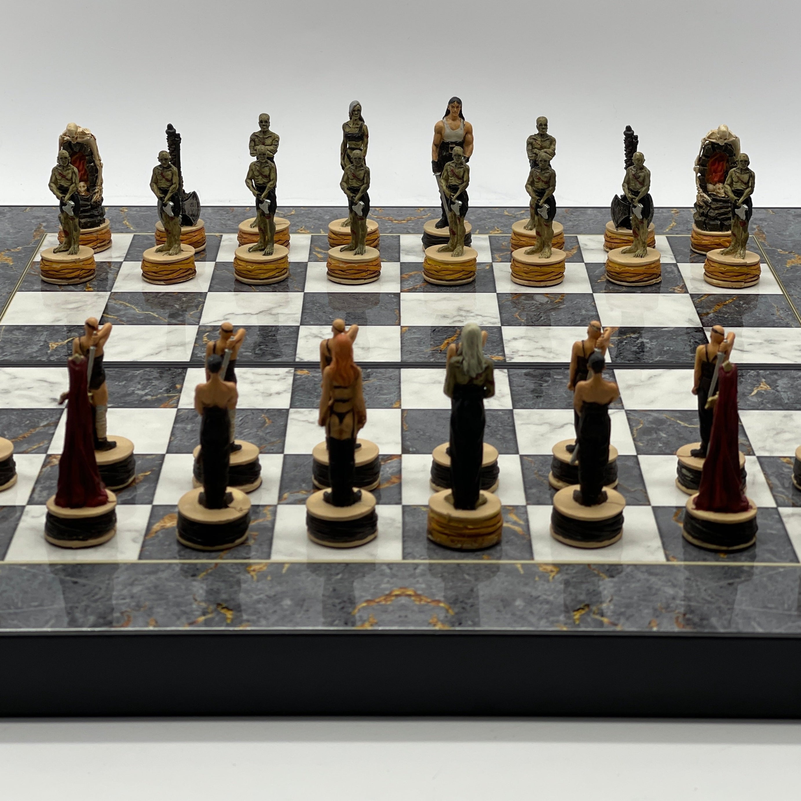 Handmade Gray Pattern Backgammon Set With Polyester Zombies Chess Pieces