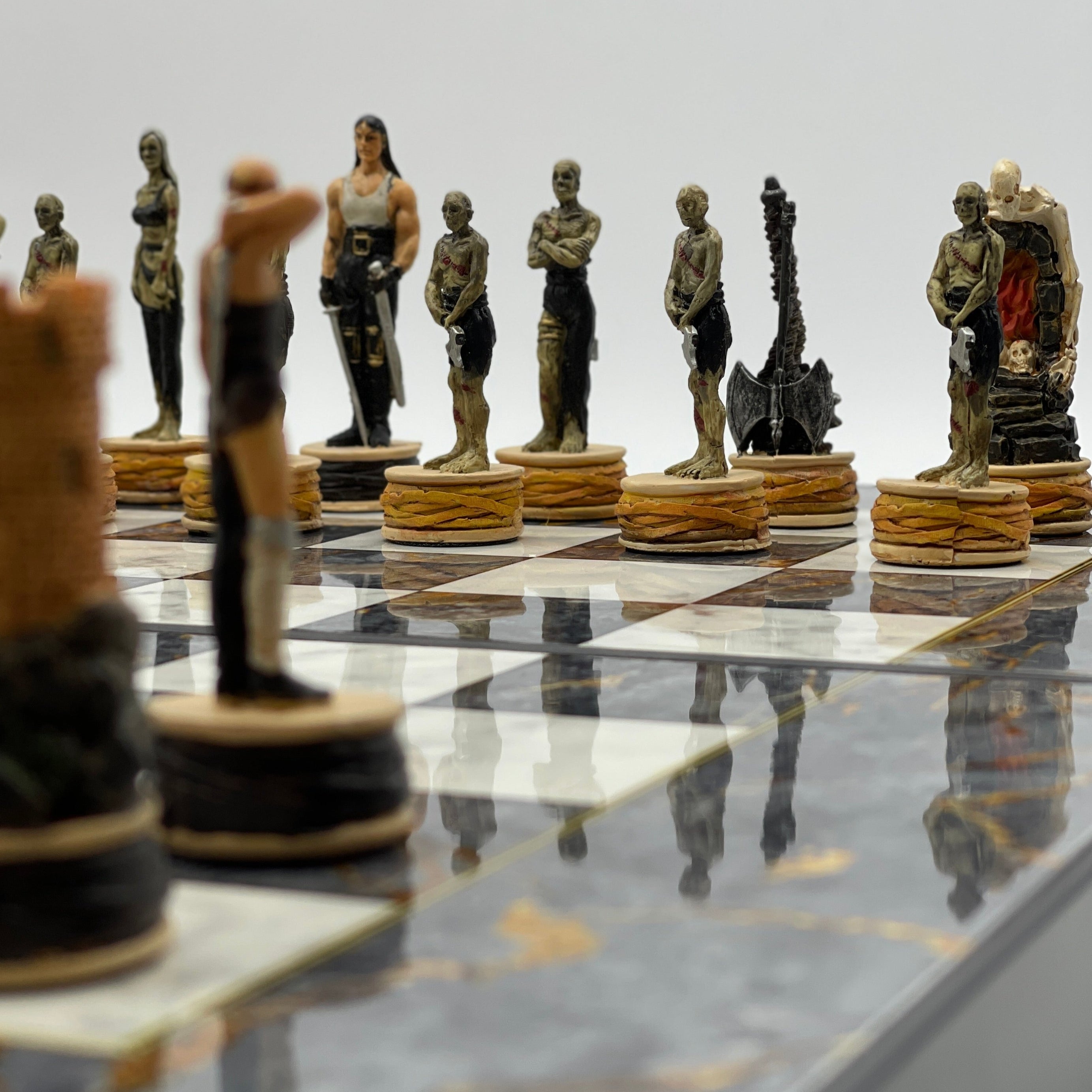 Handmade Gray Pattern Backgammon Set With Polyester Zombies Chess Pieces