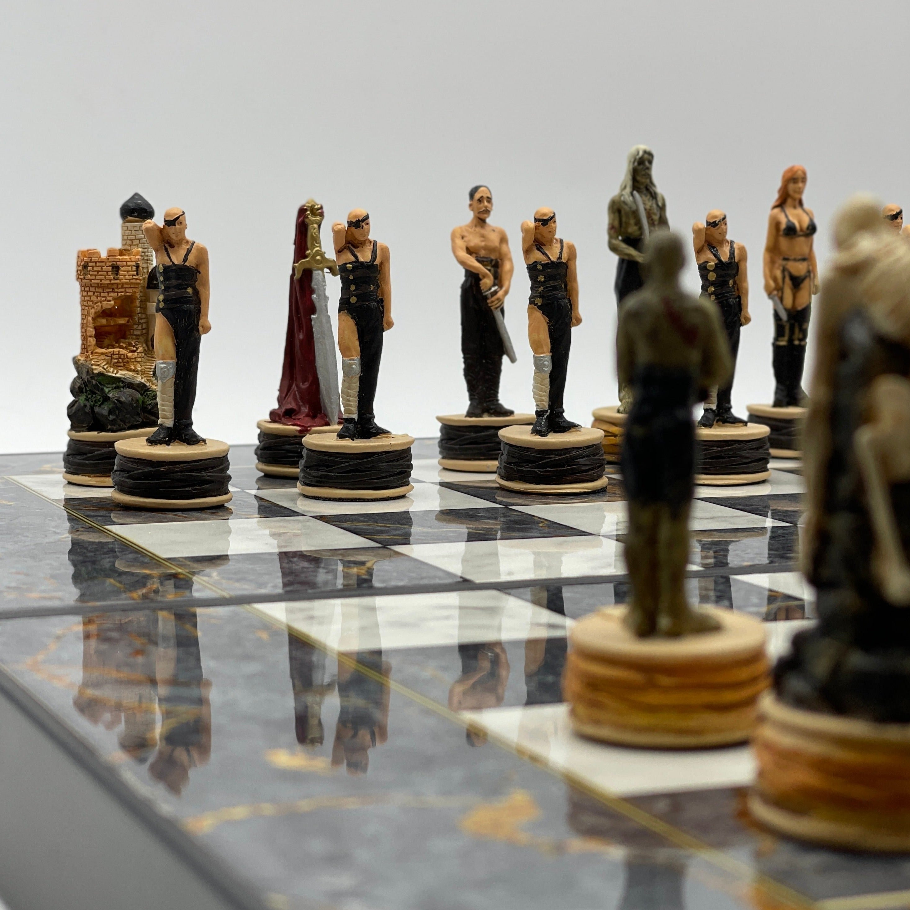 Handmade Gray Pattern Backgammon Set With Polyester Zombies Chess Pieces