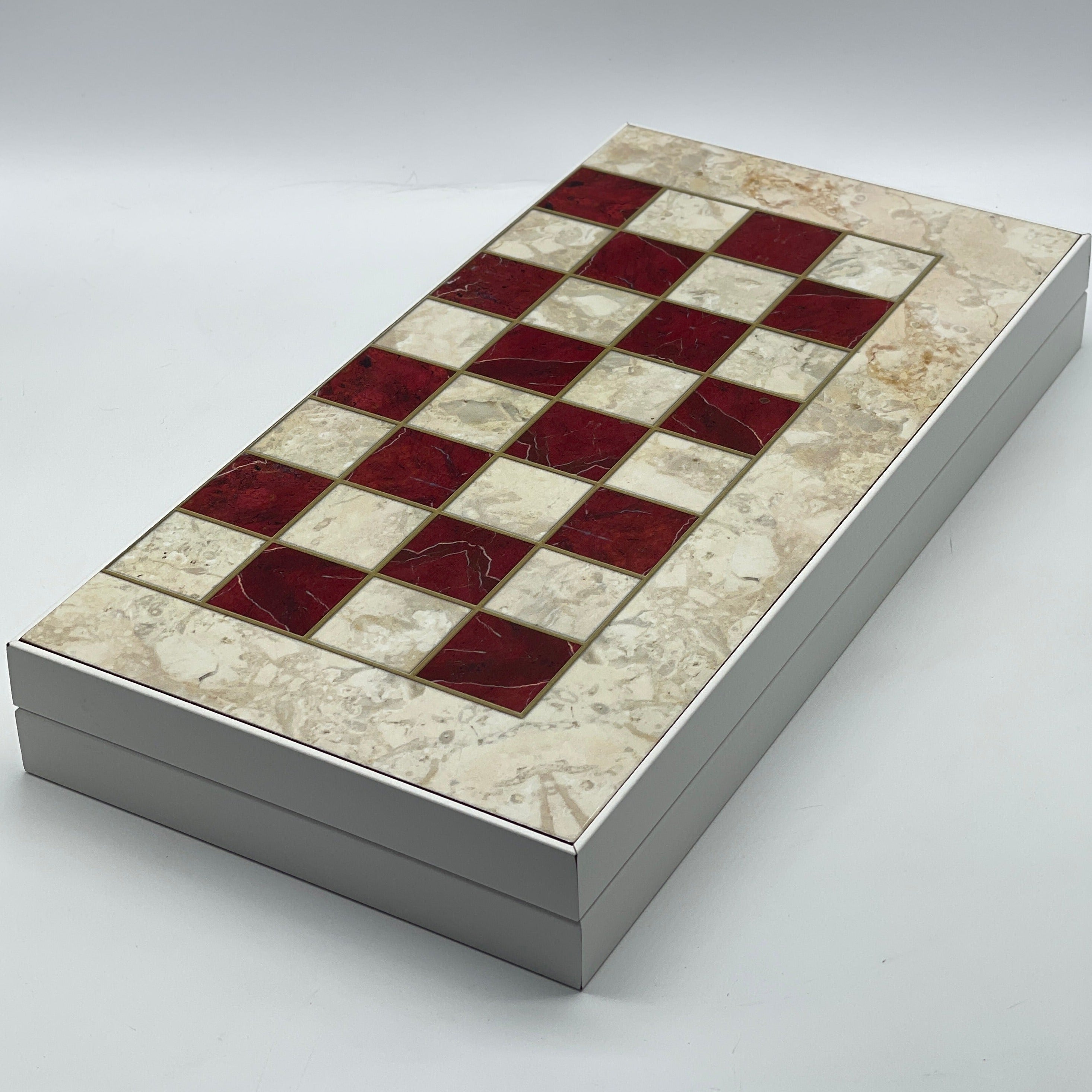 Handmade Red Pattern Backgammon Set With Crusaders Chess Pieces