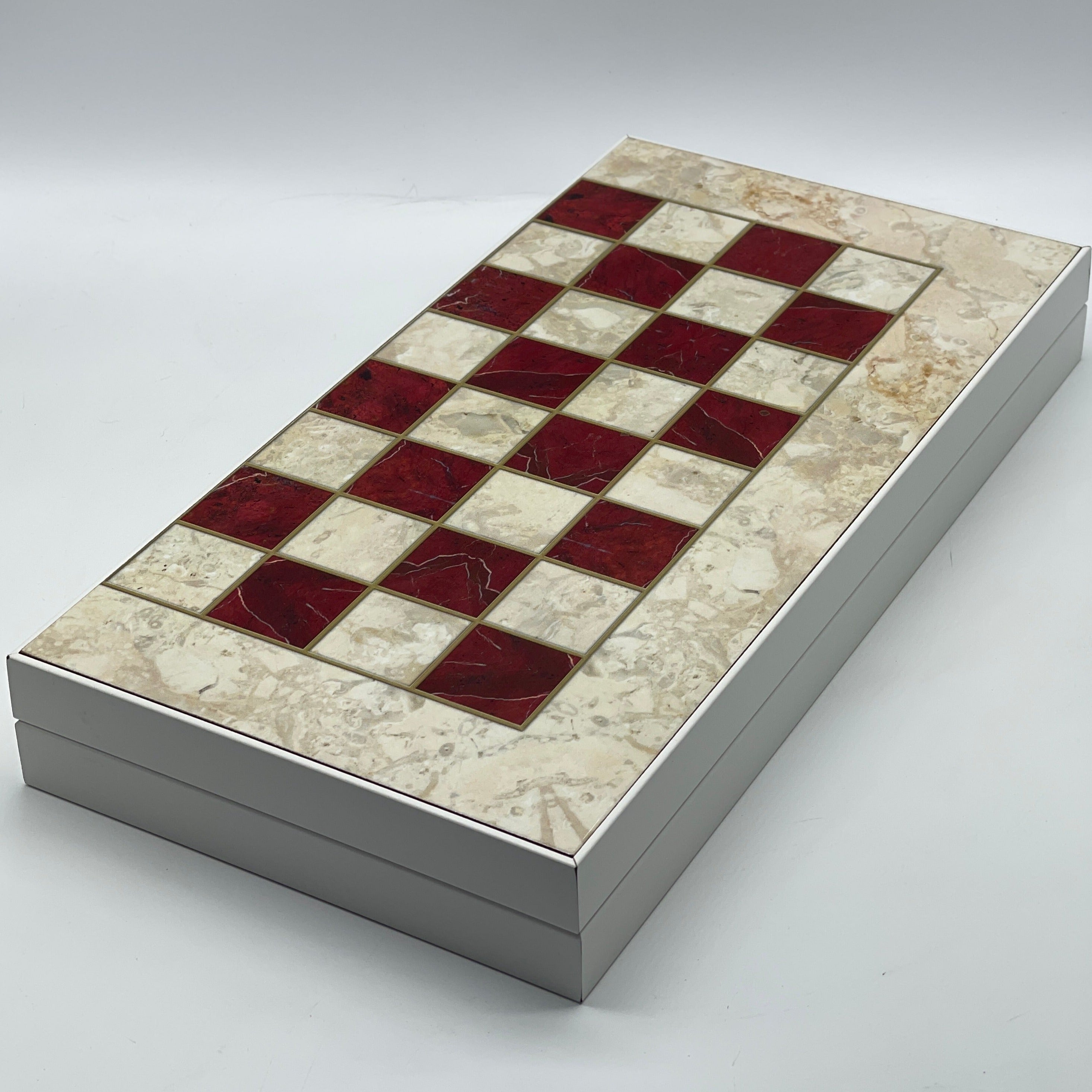 Handmade Red Pattern Backgammon Set With Wooden Chess Pieces