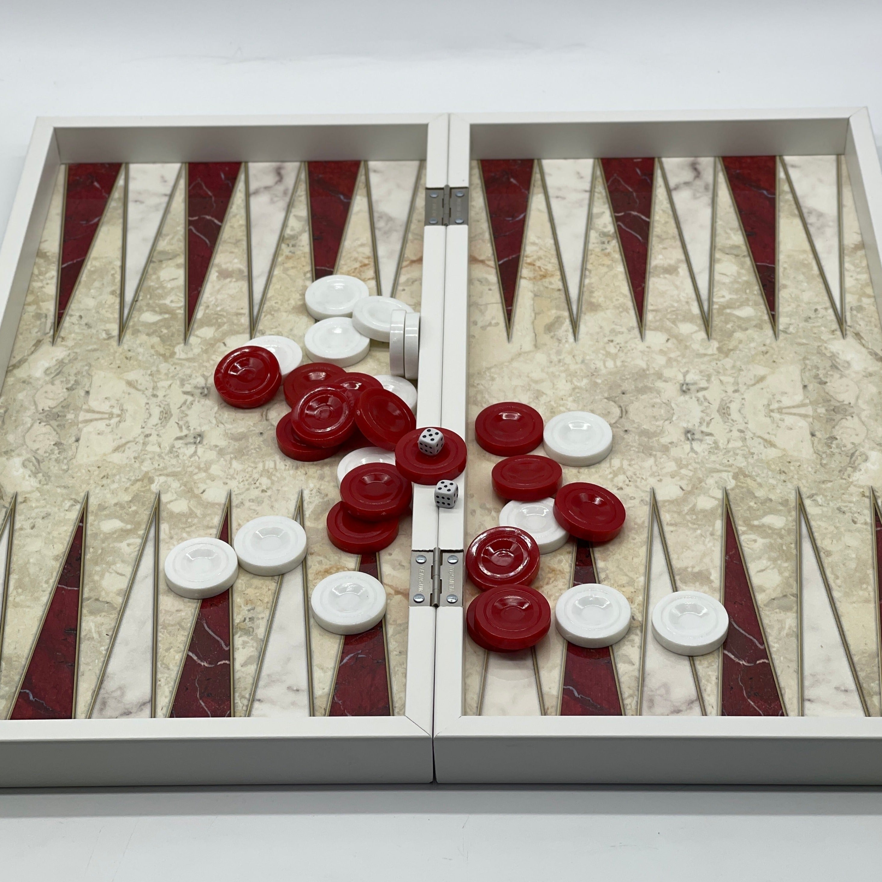 Handmade Red Pattern Backgammon Set With Wooden Chess Pieces