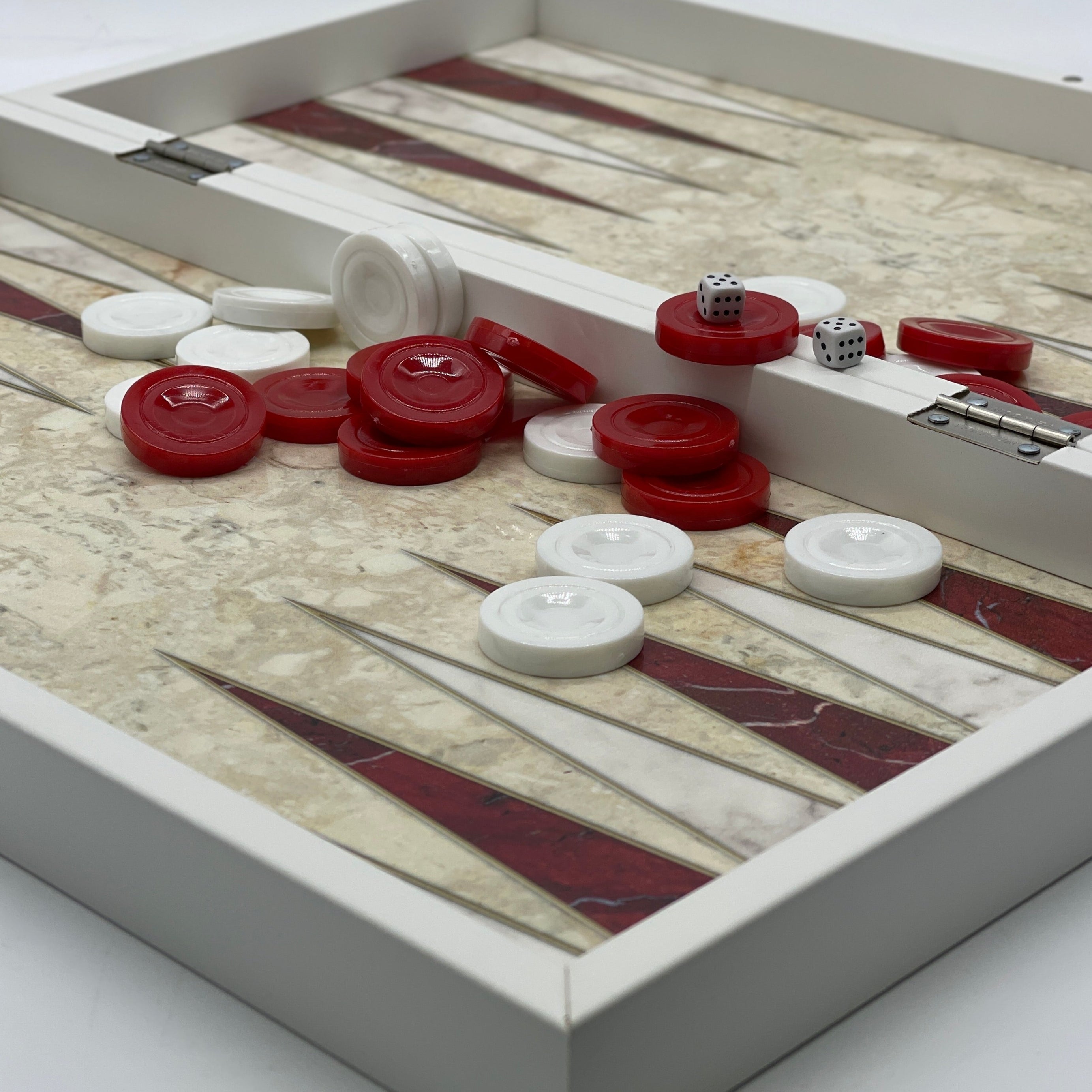 Handmade Red Pattern Backgammon Set With Wooden Chess Pieces