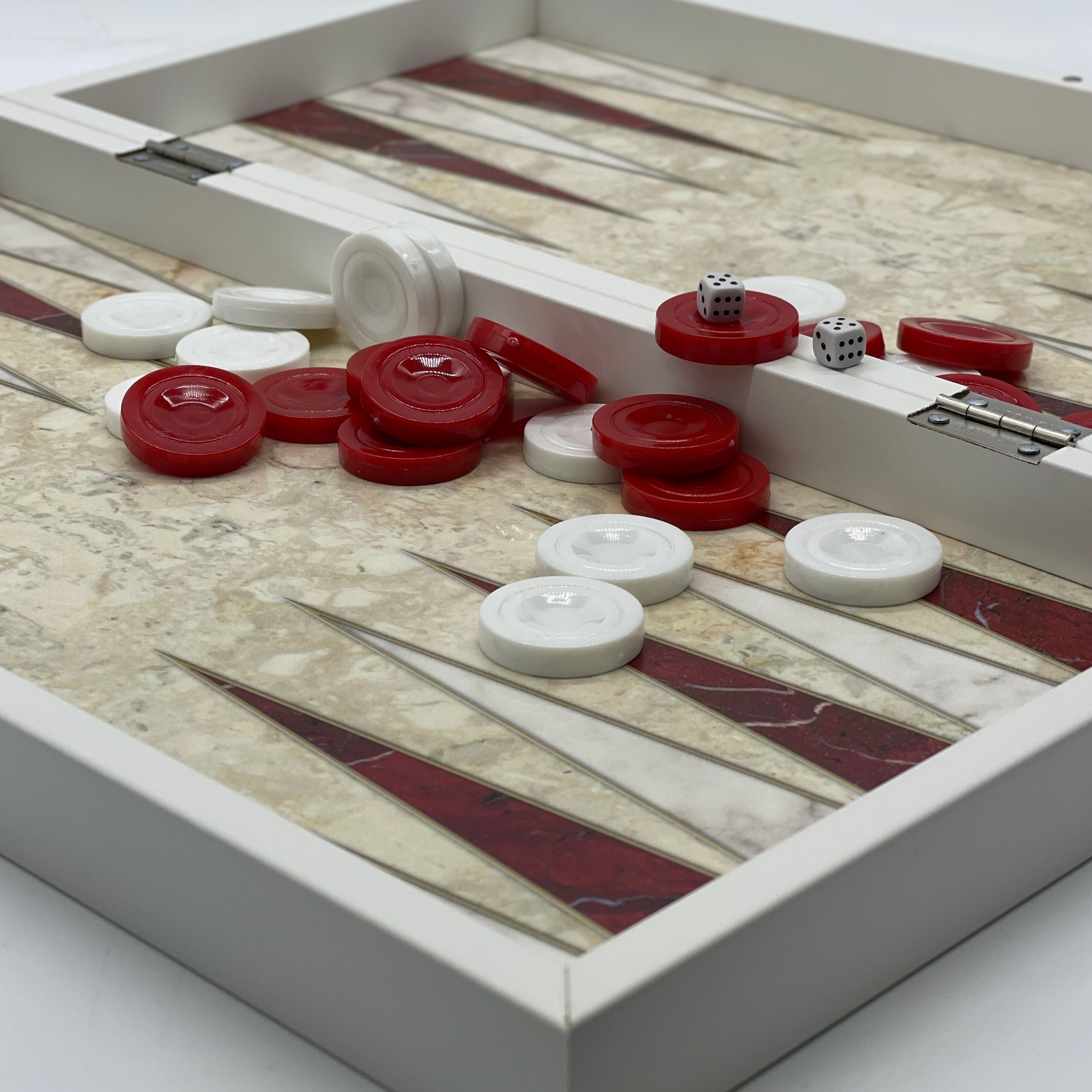 Handmade Red Pattern Backgammon Set With Wooden Chess Pieces