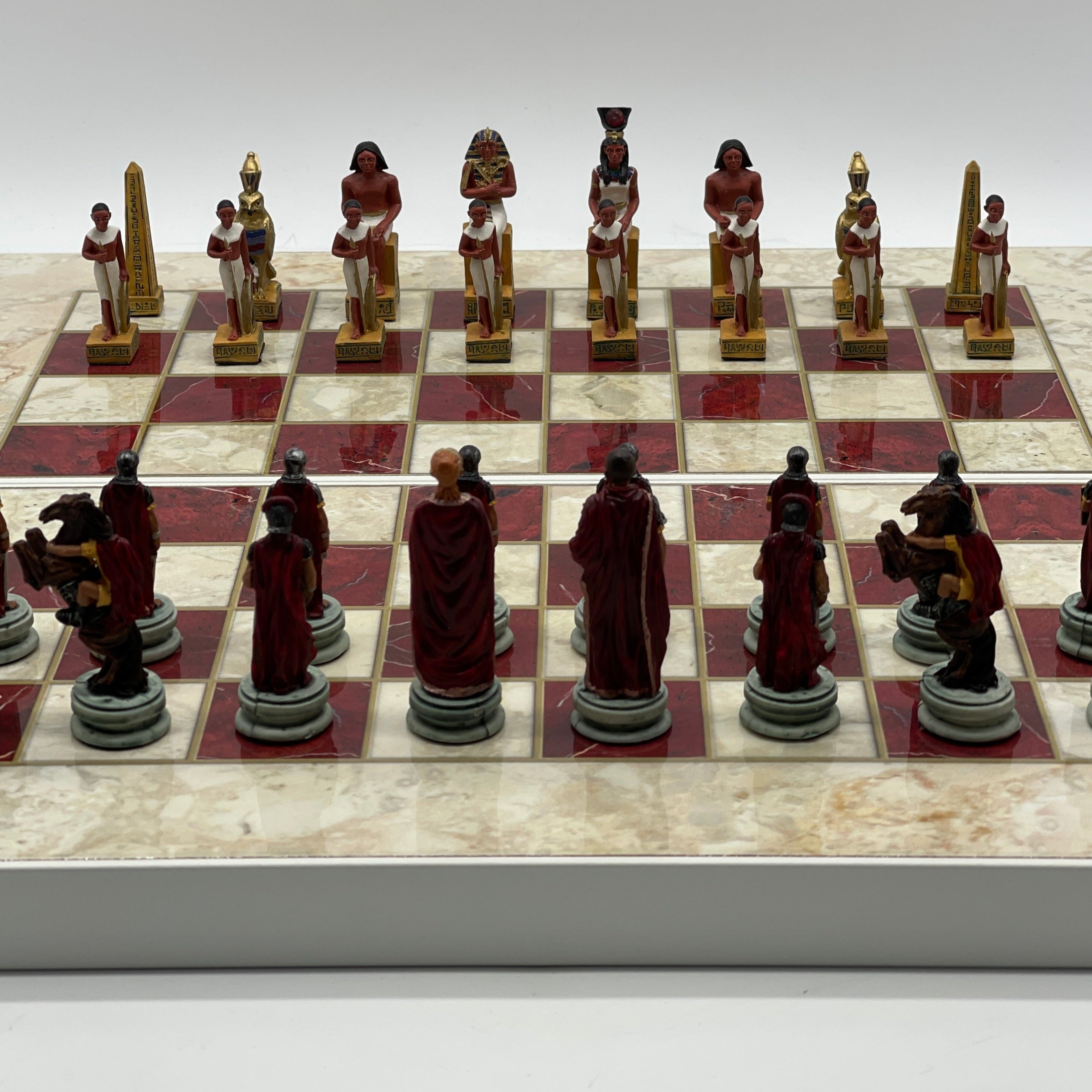 Handmade Red Pattern Backgammon Set With Egyptian Chess Pieces