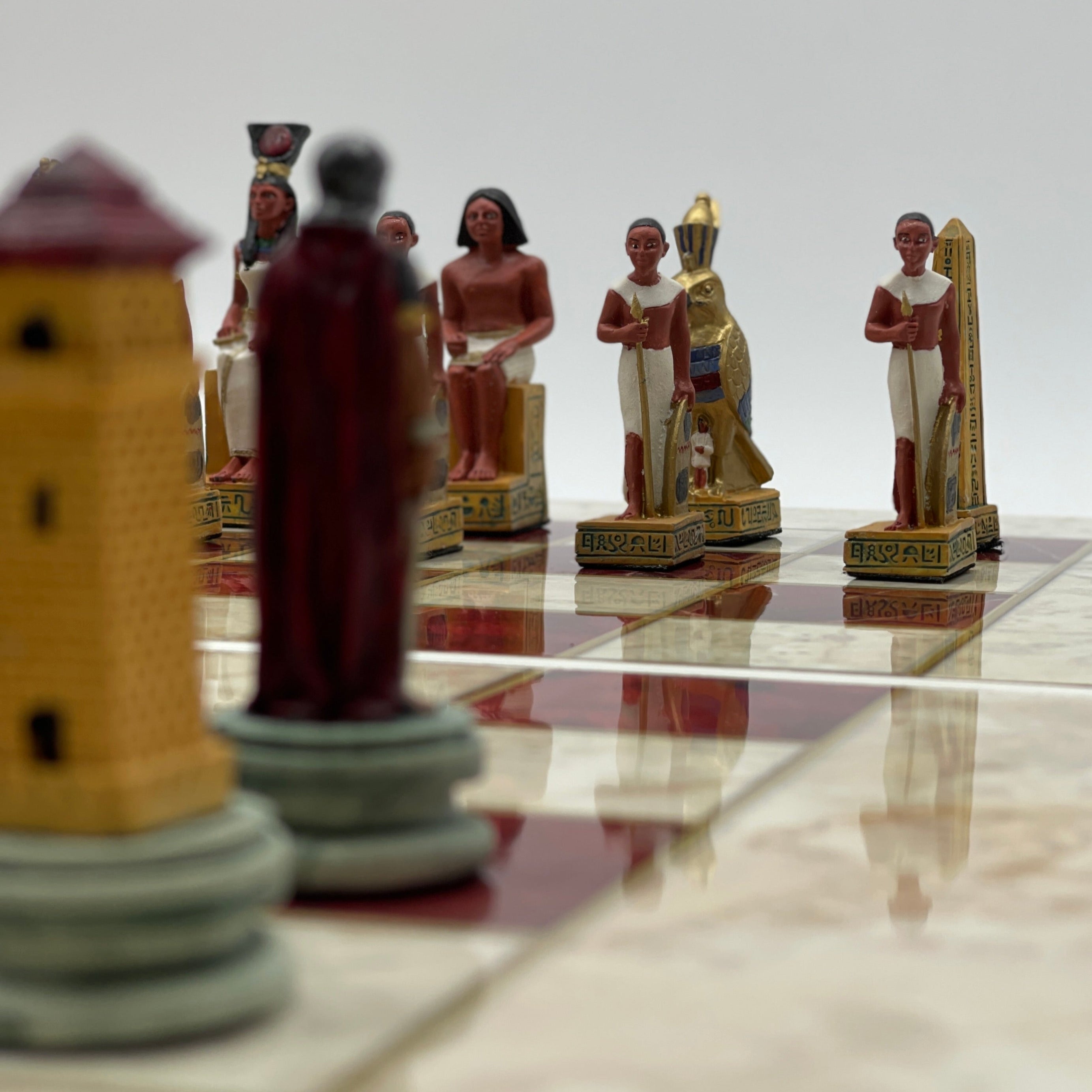 Handmade Red Pattern Backgammon Set With Egyptian Chess Pieces