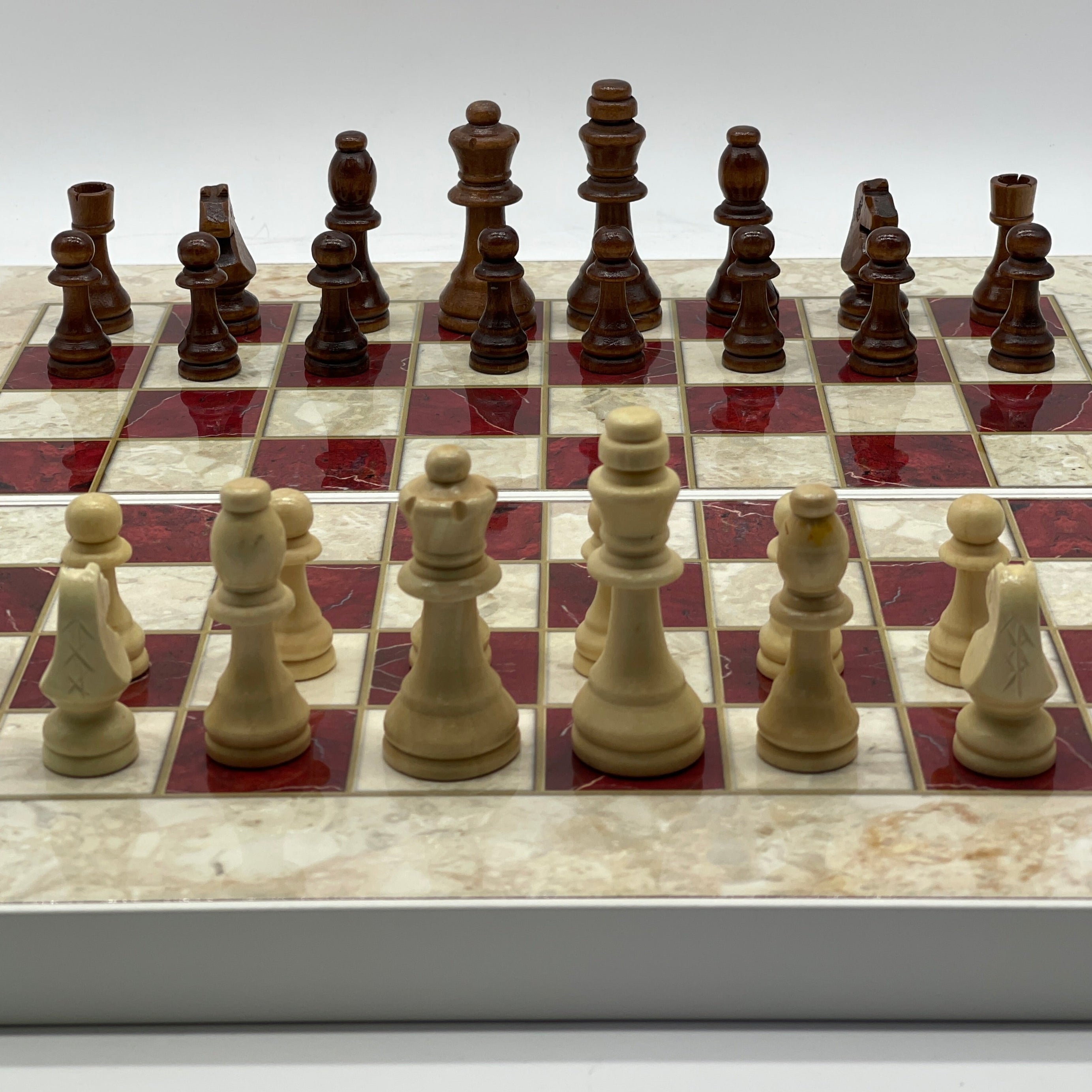 Handmade Red Pattern Backgammon Set With Wooden Chess Pieces