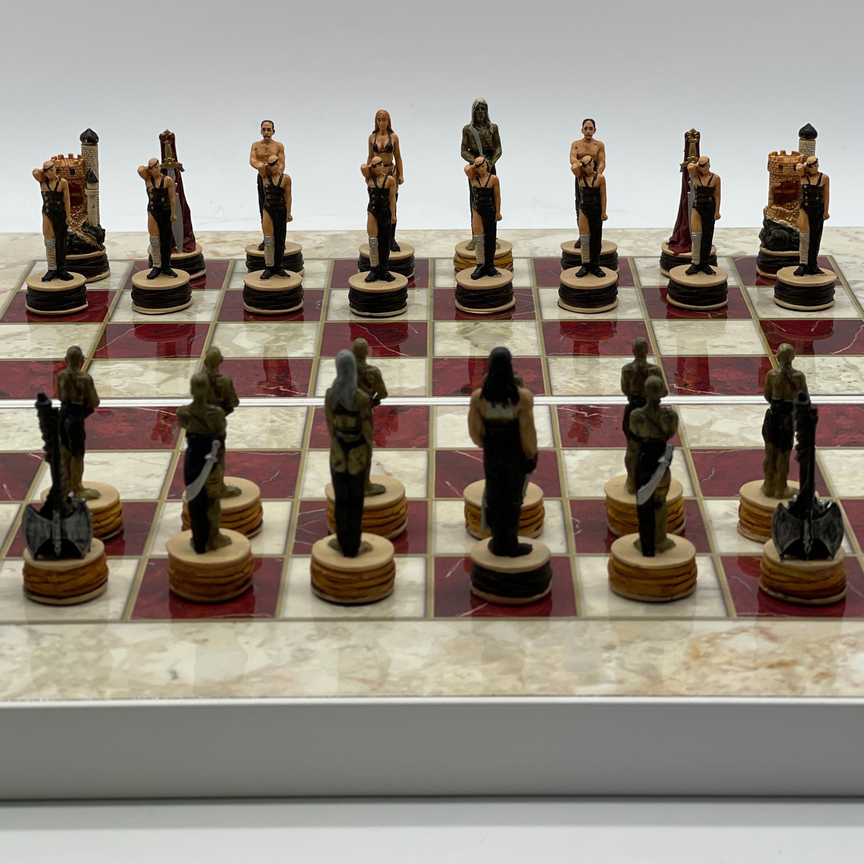 Handmade Red Pattern Backgammon Set With Zombies Chess Pieces