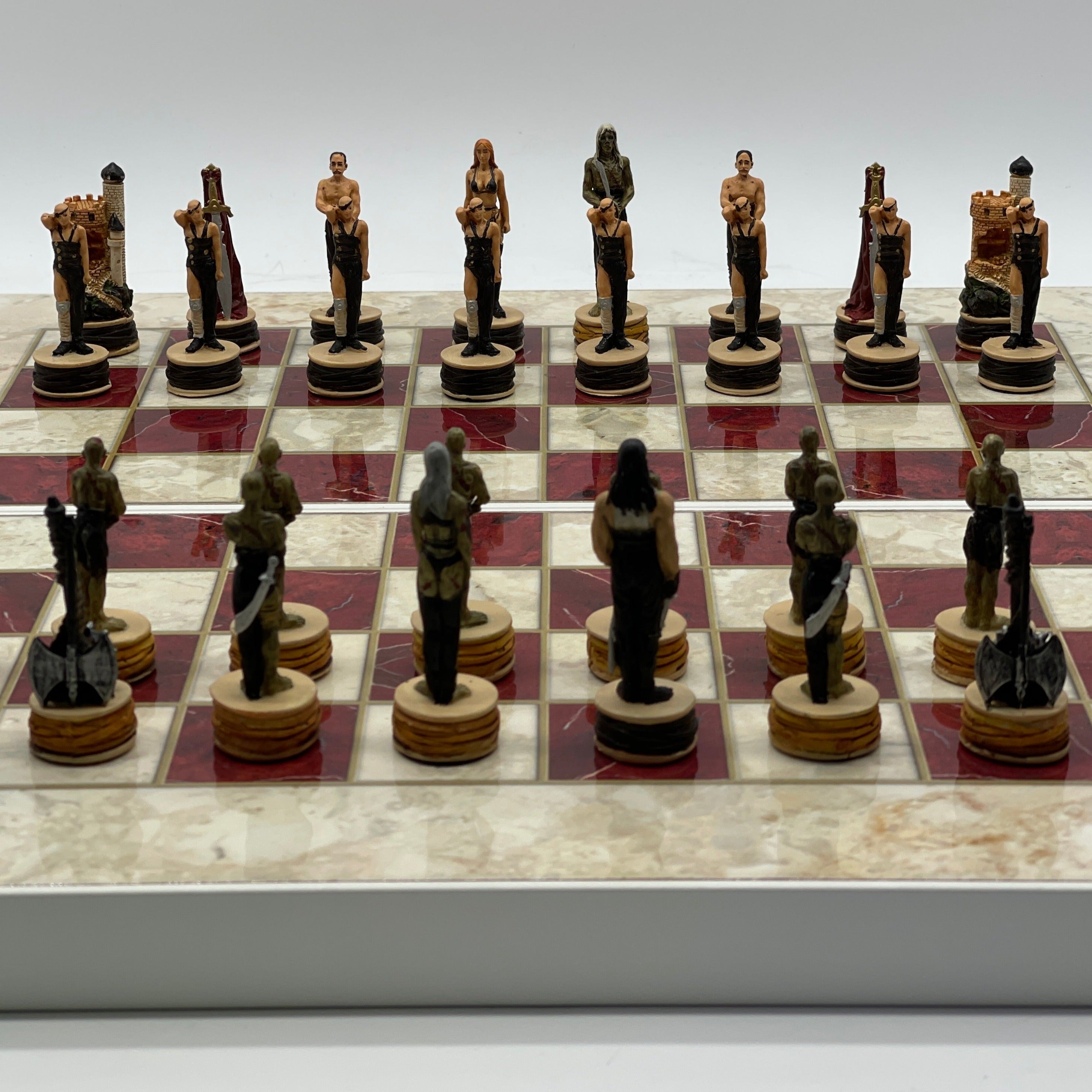 Handmade Red Pattern Backgammon Set With Zombies Chess Pieces