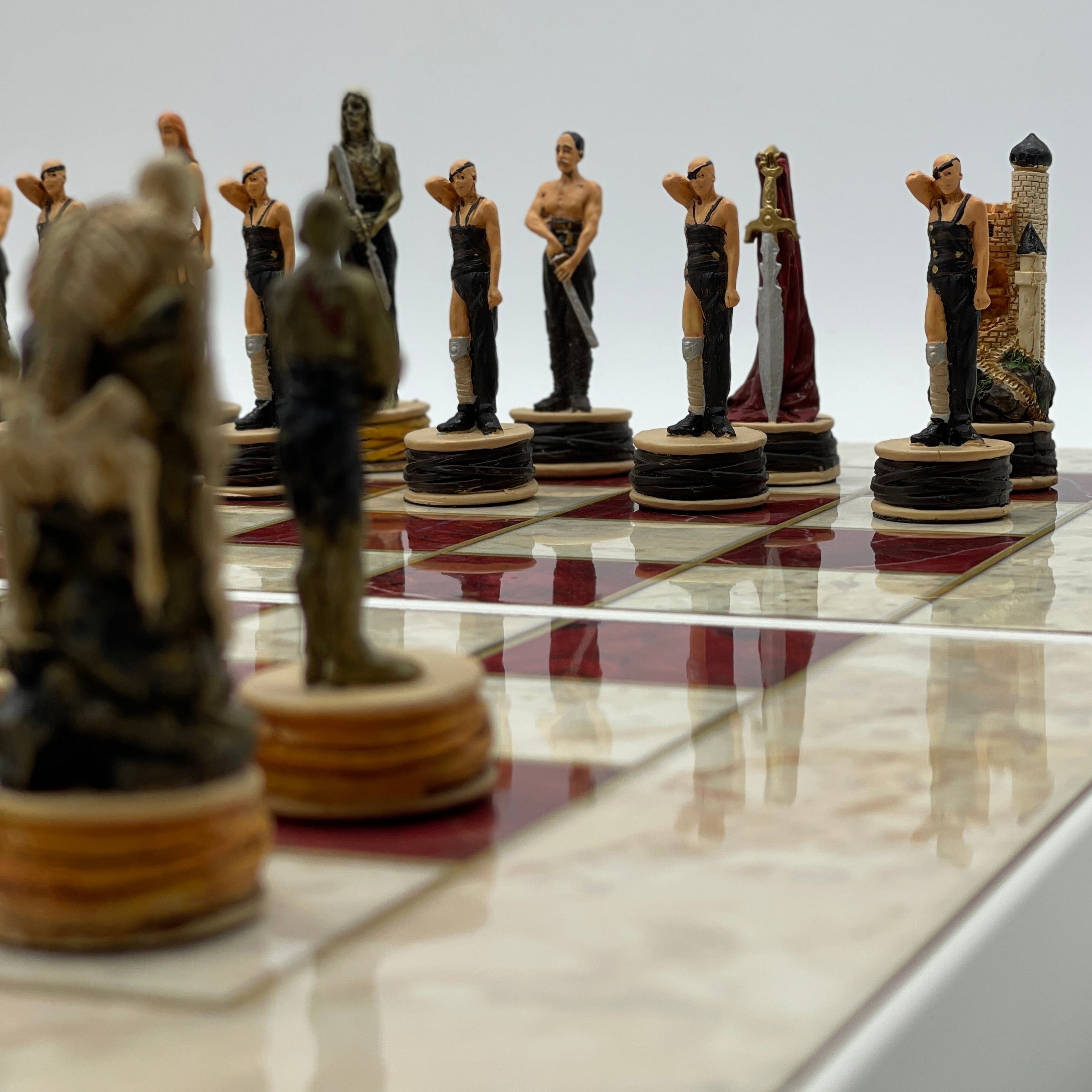 Handmade Red Pattern Backgammon Set With Zombies Chess Pieces