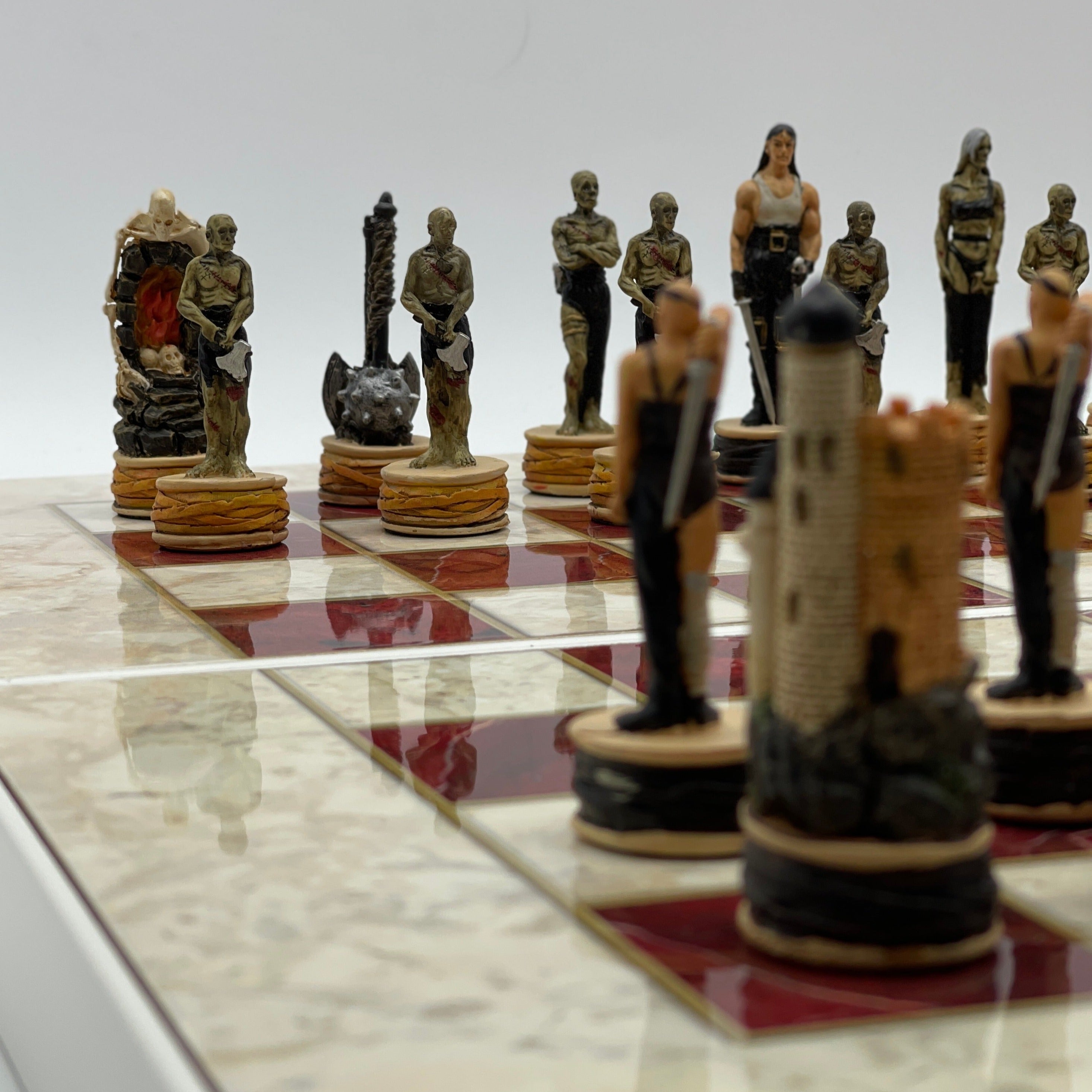 Handmade Red Pattern Backgammon Set With Zombies Chess Pieces