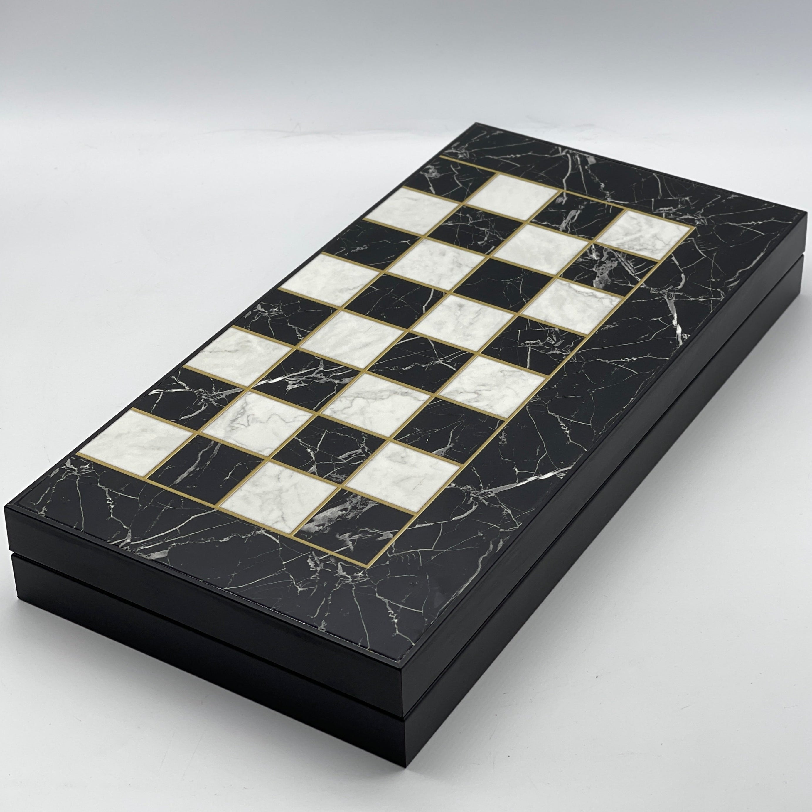 Handmade Black Marble Pattern Backgammon Set With Crusaders Chess Pieces