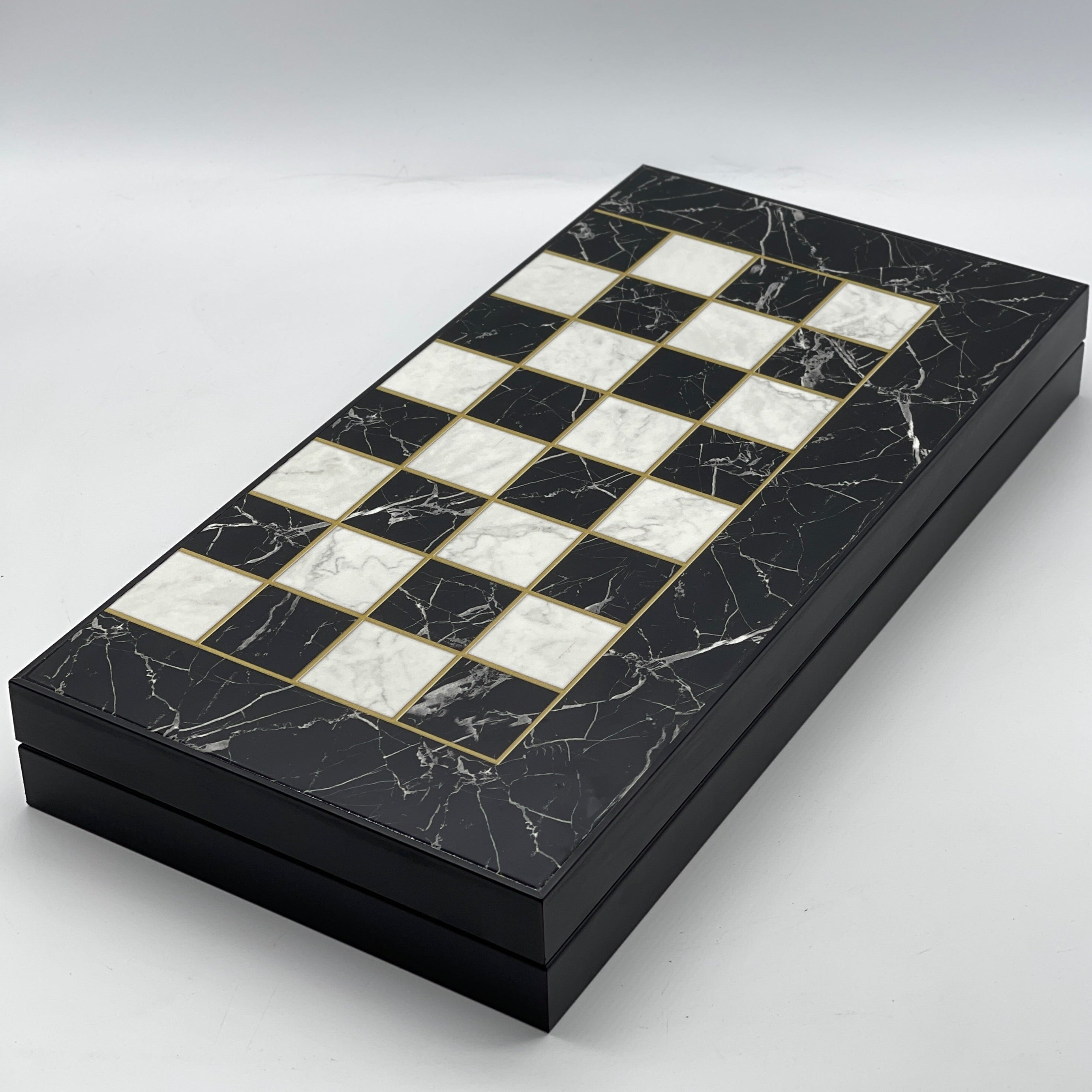 Handmade Black Marble Pattern Backgammon Set With Camelot Chess Pieces