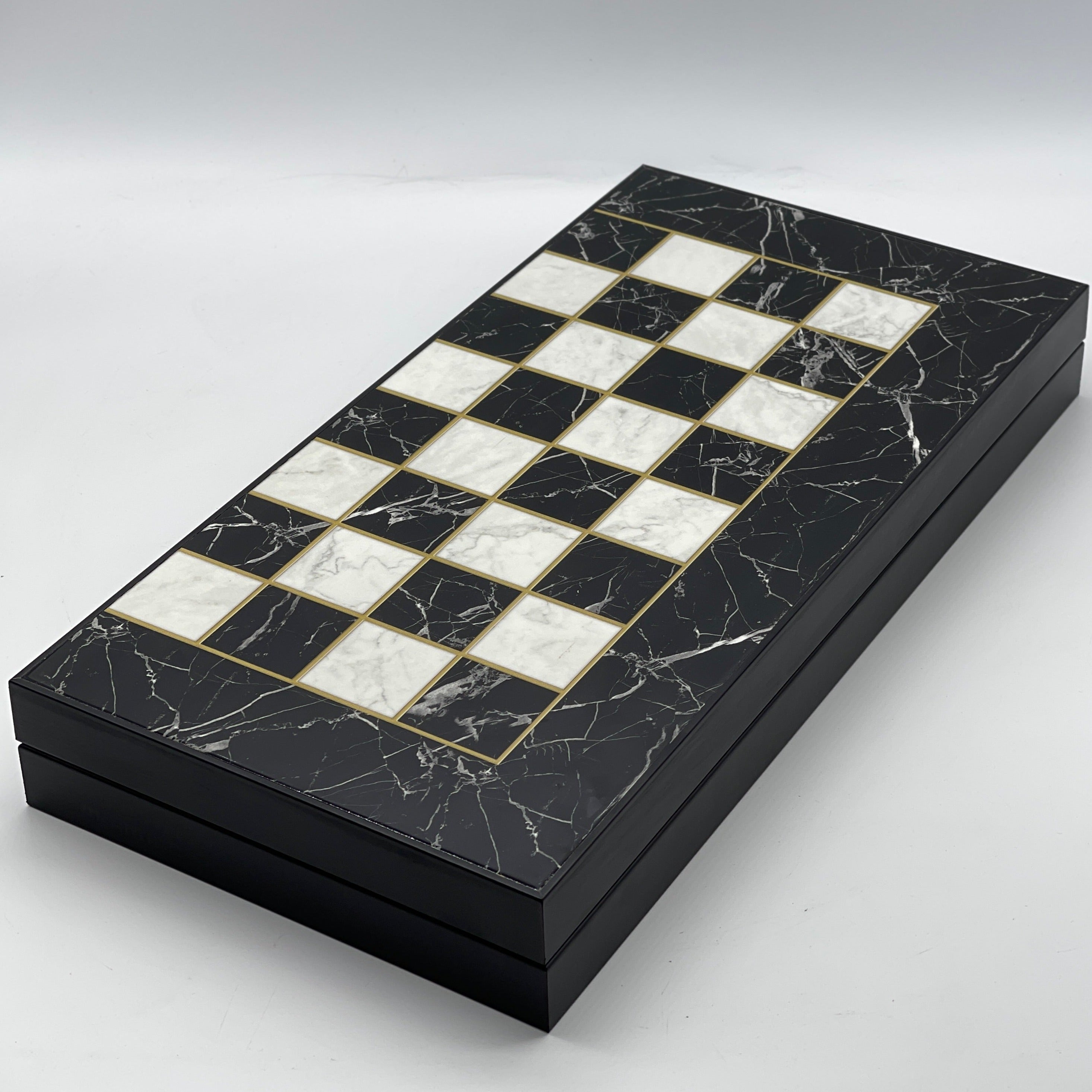 Handmade Black Marble Pattern Backgammon Set With Camelot Chess Pieces