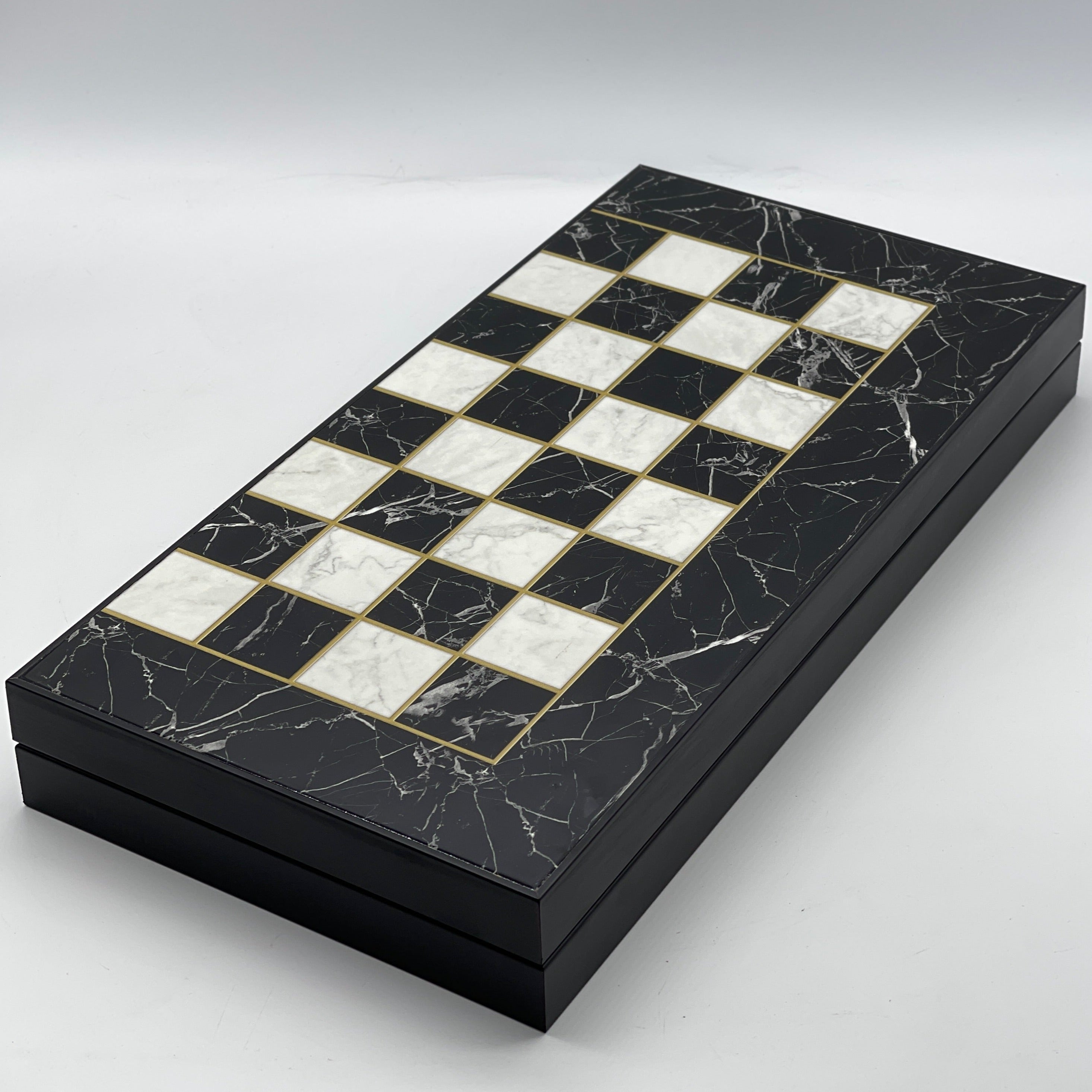 Handmade Black Marble Pattern Backgammon Set With Wooden Chess Pieces