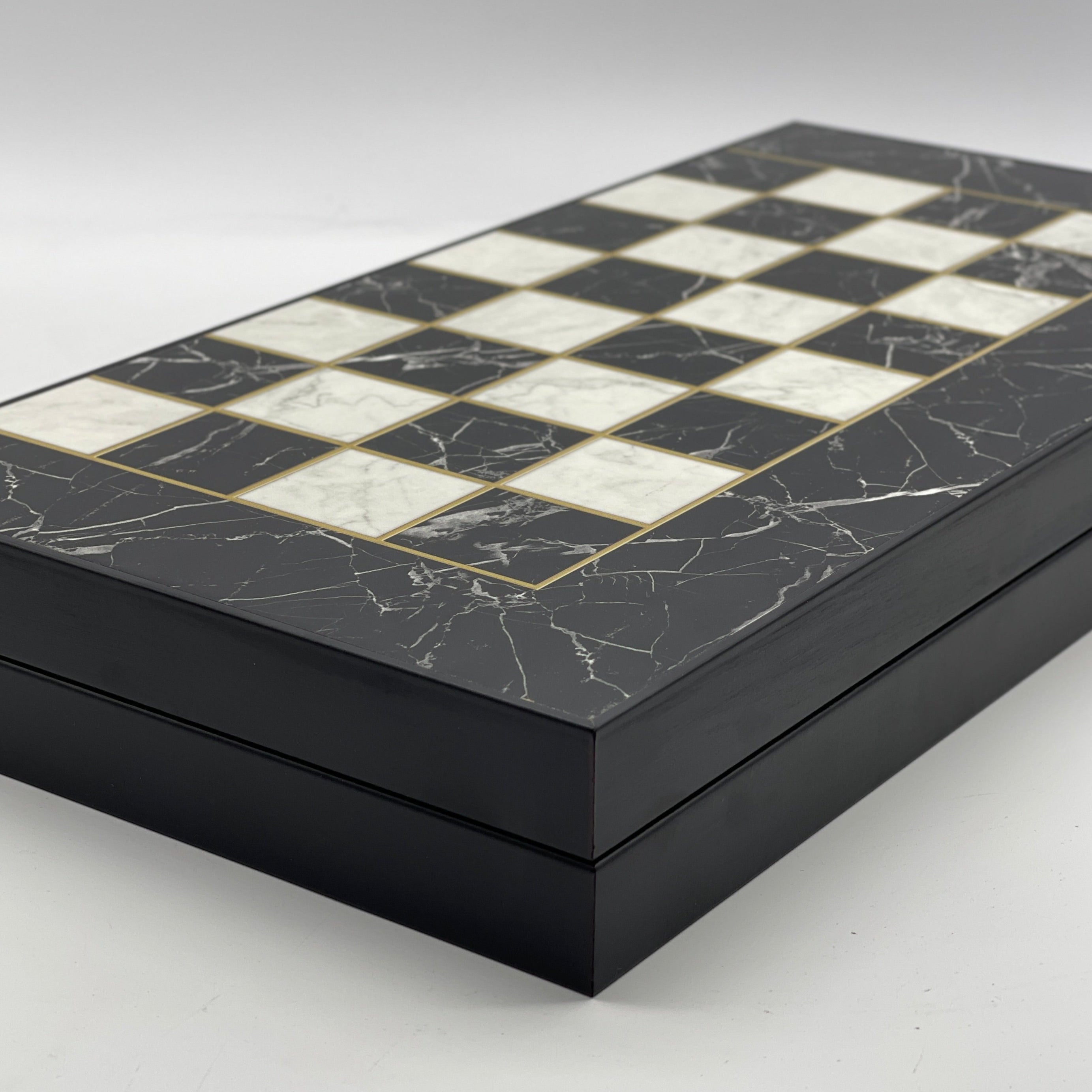 Handmade Black Marble Pattern Backgammon Set With Crusaders Chess Pieces