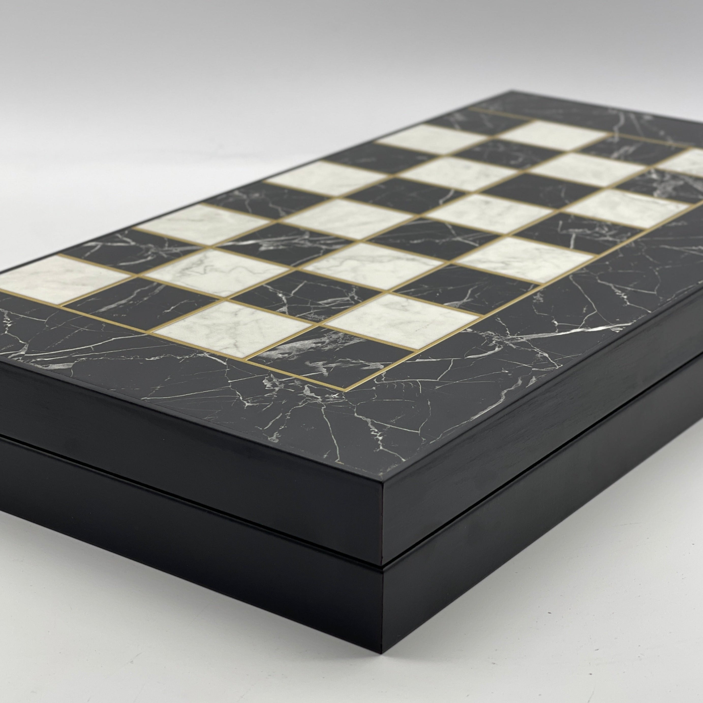 Handmade Black Marble Pattern Backgammon Set With Camelot Chess Pieces